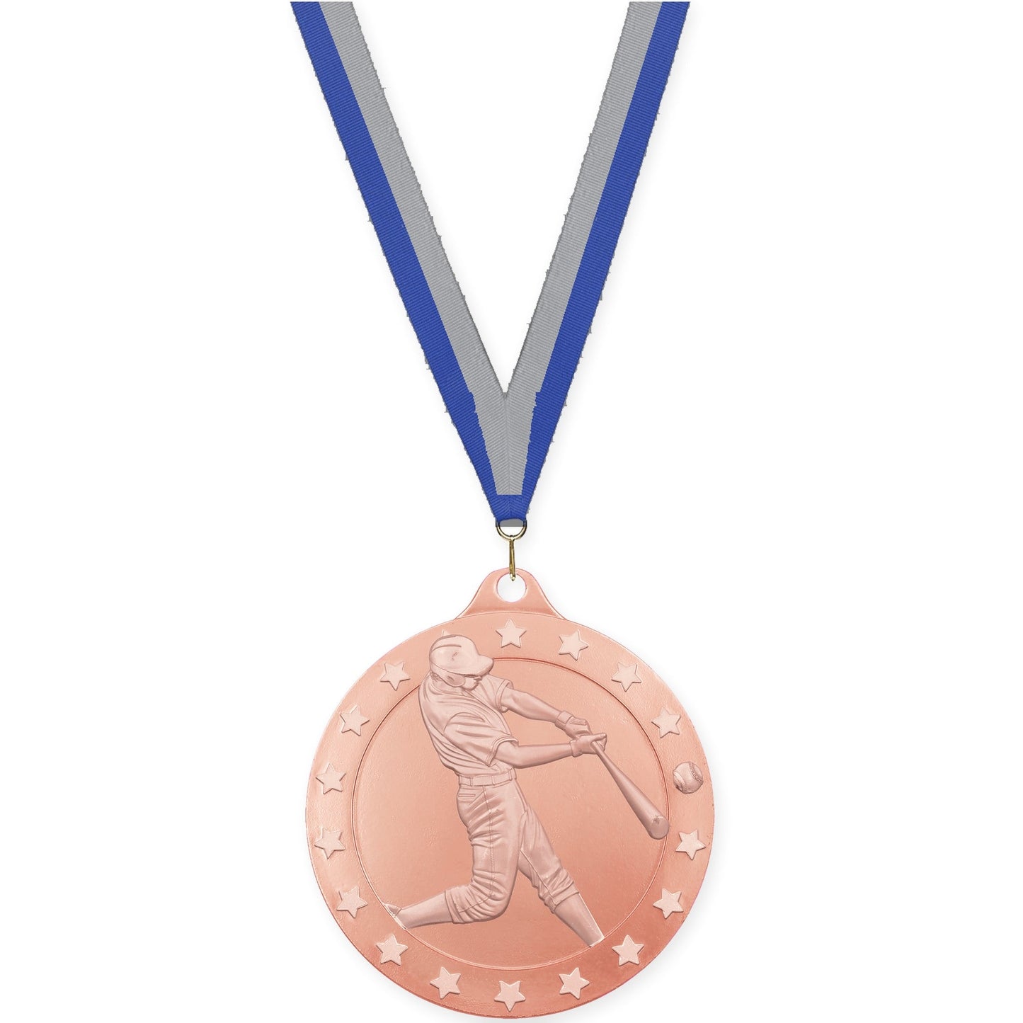 2 3/4 inch baseball Radiance medal in bronze with Blue Gray neck ribbon