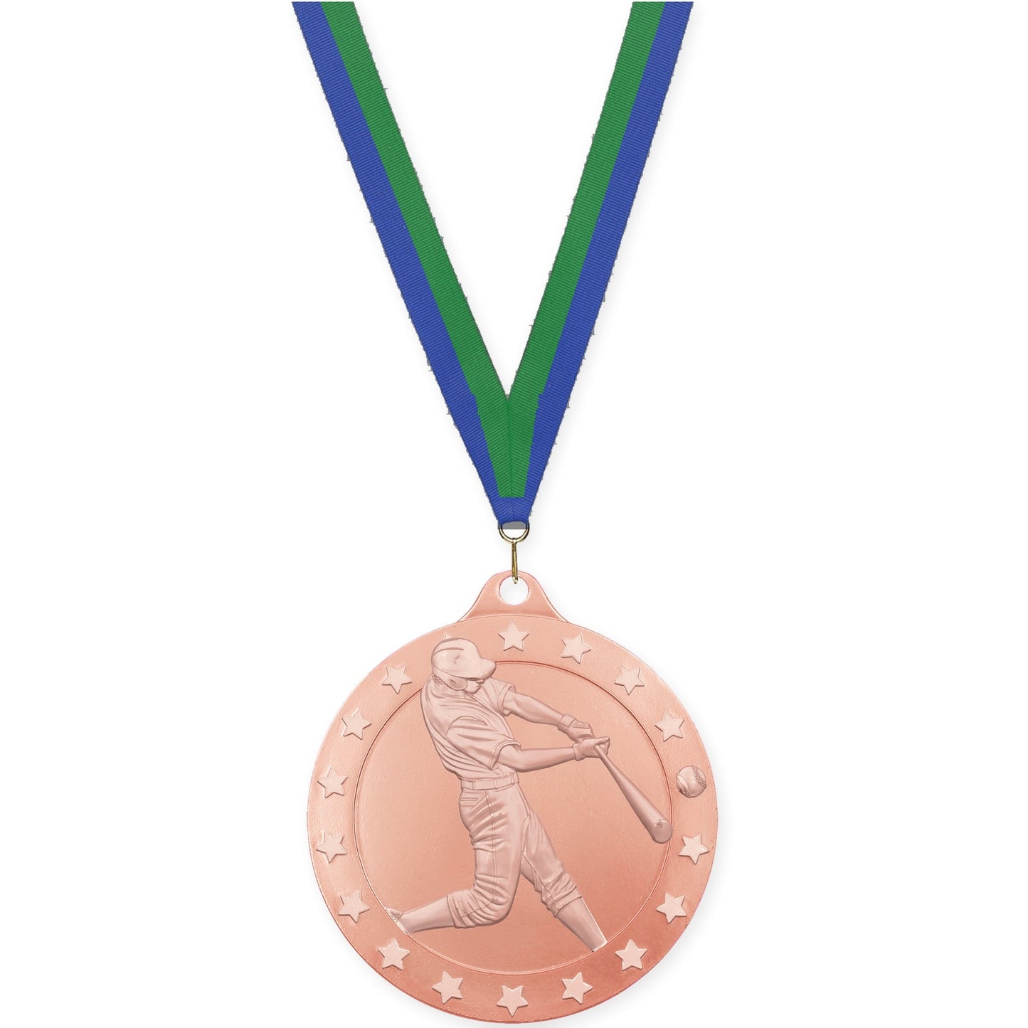 2 3/4 inch baseball Radiance medal in bronze with Blue Green neck ribbon