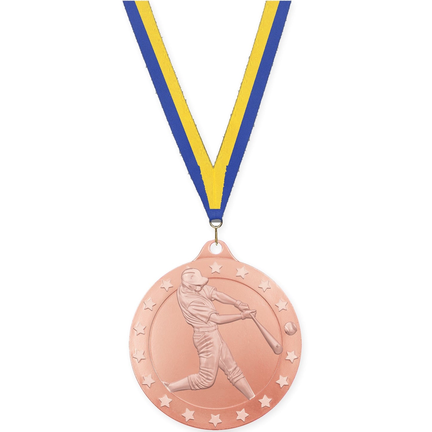 2 3/4 inch baseball Radiance medal in bronze with Blue Yellow neck ribbon