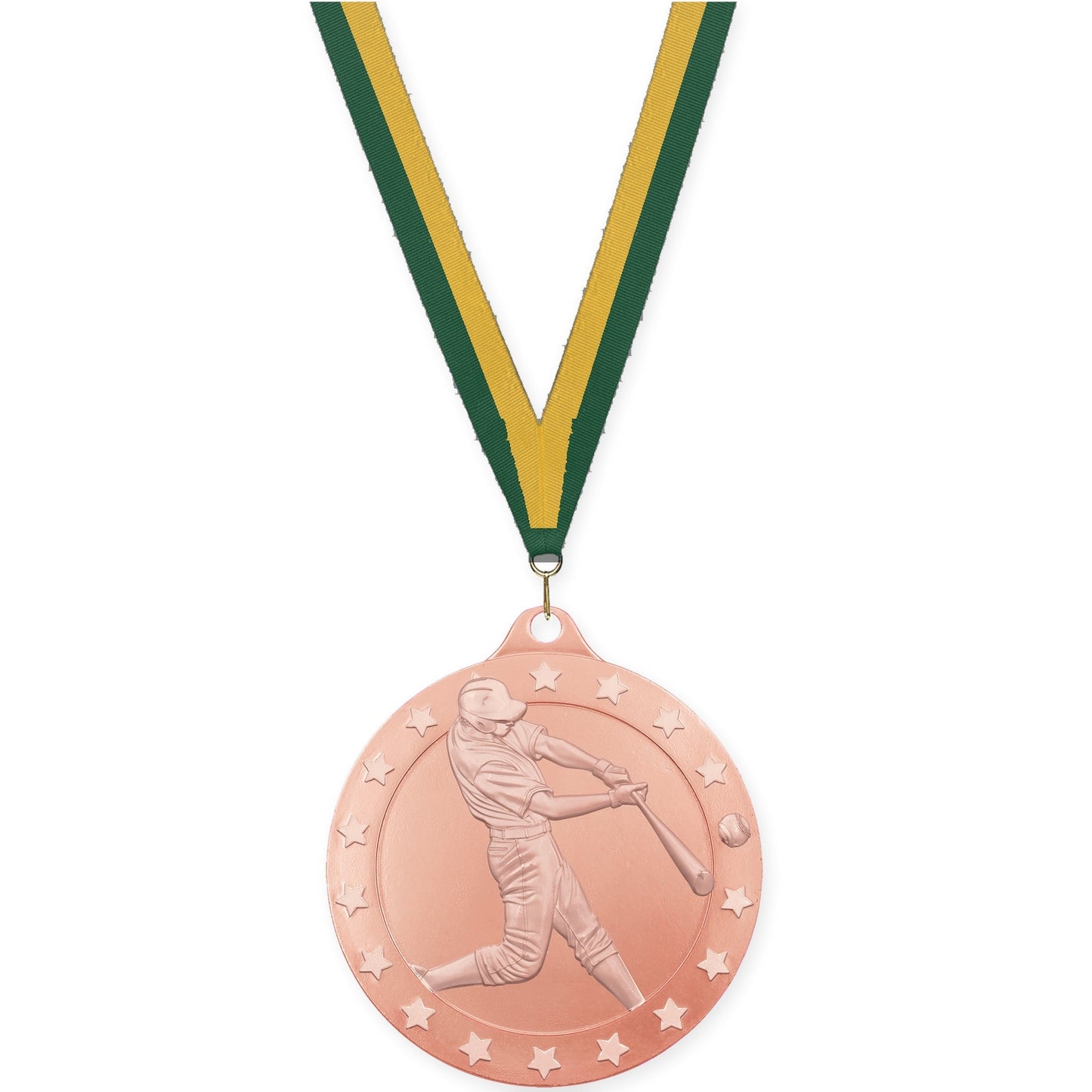2 3/4 inch baseball Radiance medal in bronze with Hunter Green Gold neck ribbon