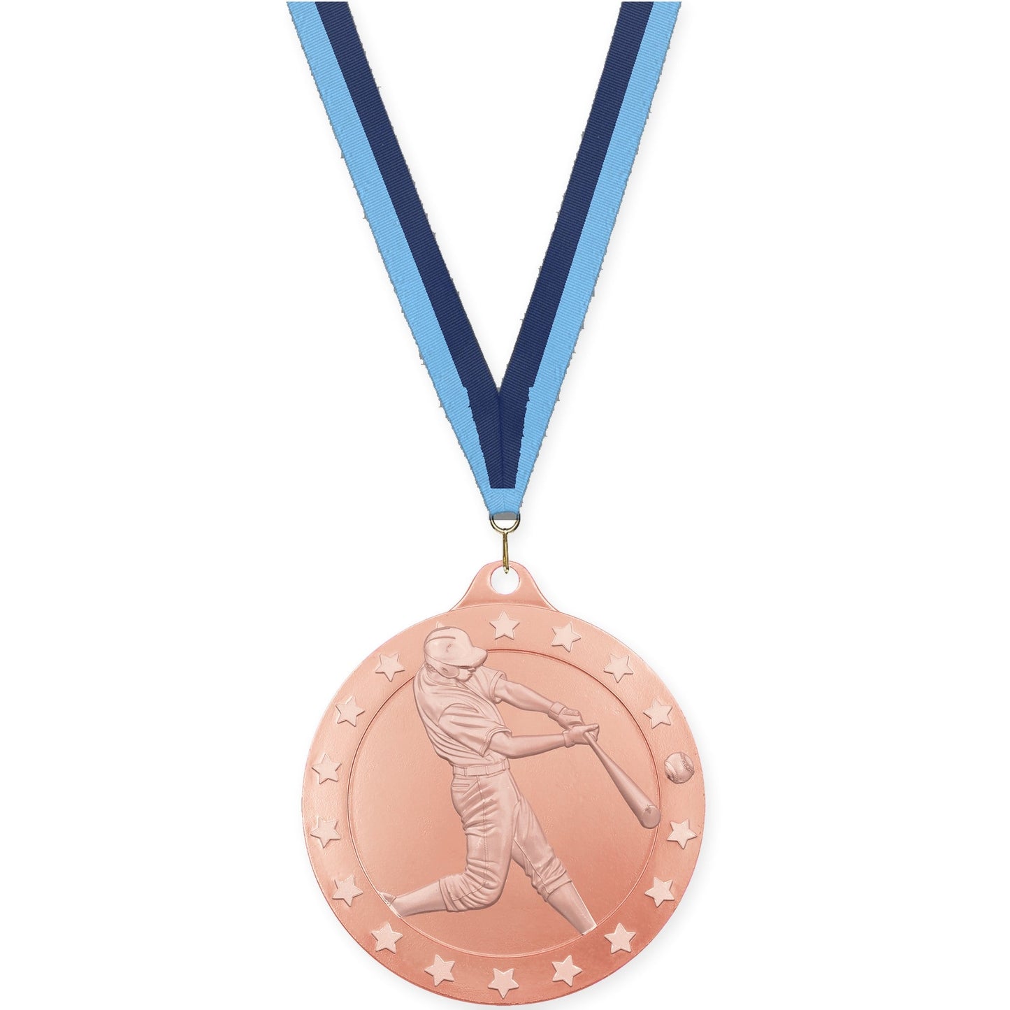 2 3/4 inch baseball Radiance medal in bronze with Light Blue Navy neck ribbon