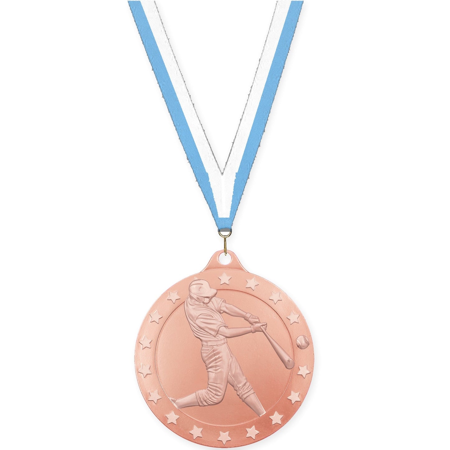 2 3/4 inch baseball Radiance medal in bronze with Light Blue White neck ribbon