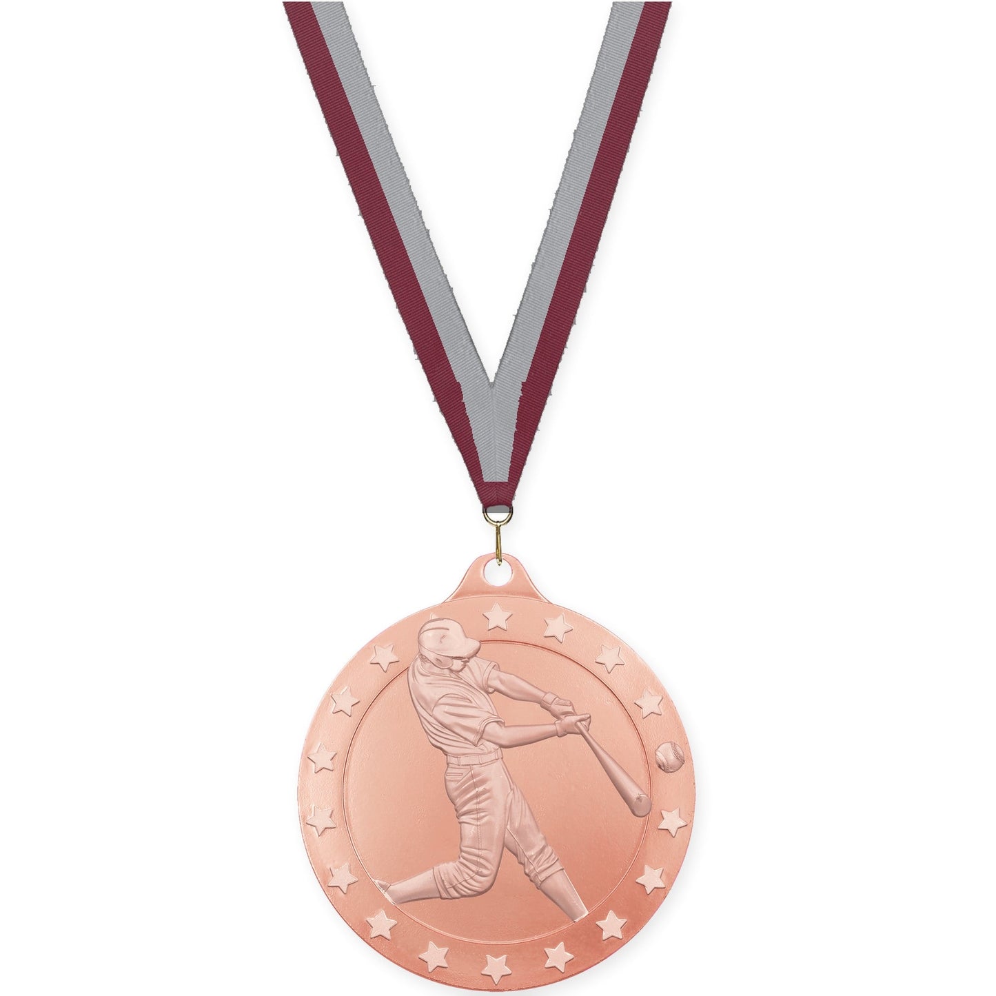 2 3/4 inch baseball Radiance medal in bronze with Maroon Gray neck ribbon