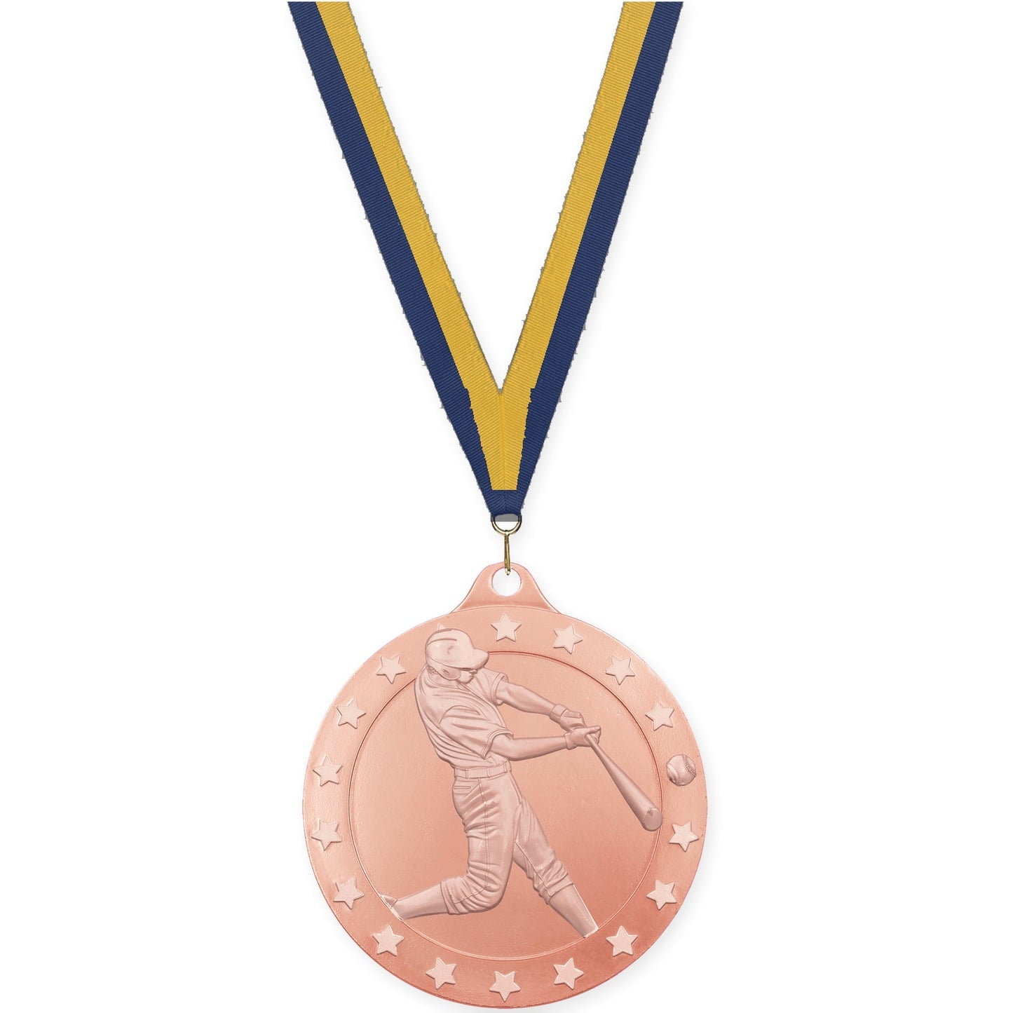 2 3/4 inch baseball Radiance medal in bronze with Navy Gold neck ribbon