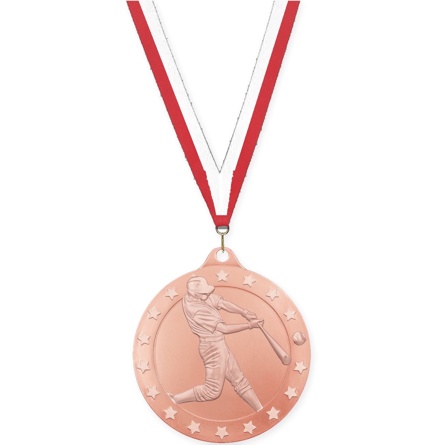 2 3/4 inch baseball Radiance medal in bronze with Red White neck ribbon
