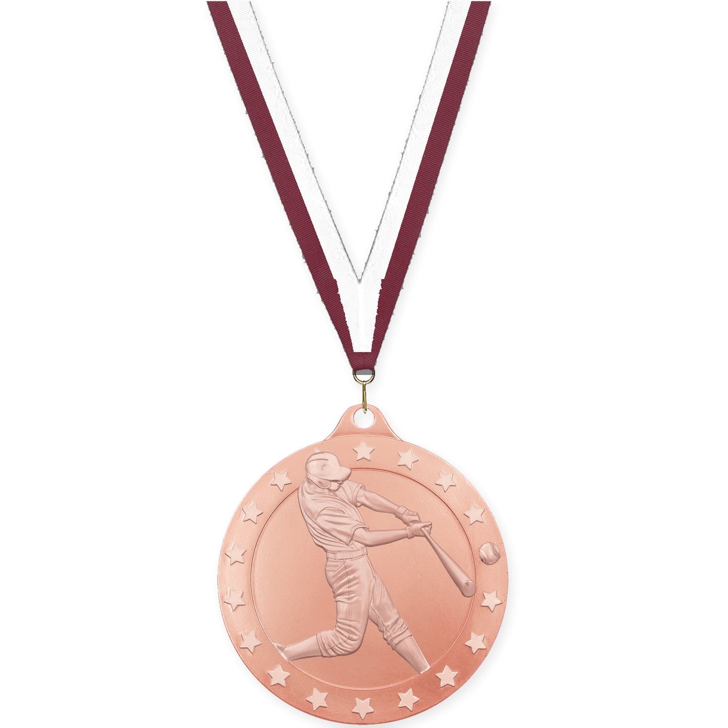 2 3/4 inch baseball Radiance medal in bronze with Maroon White neck ribbon