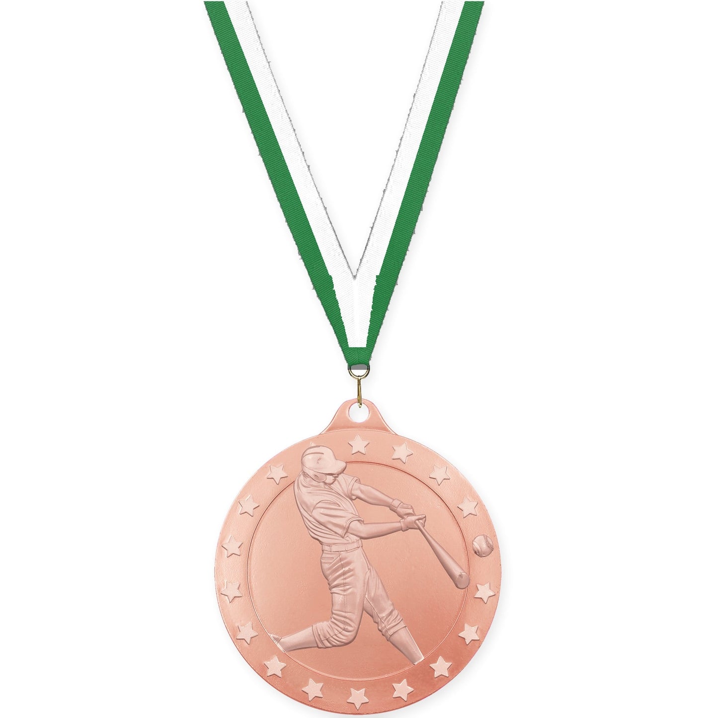2 3/4 inch baseball Radiance medal in bronze with Green White neck ribbon