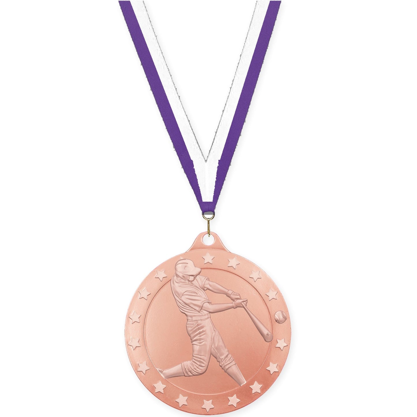 2 3/4 inch baseball Radiance medal in bronze with Purple White neck ribbon