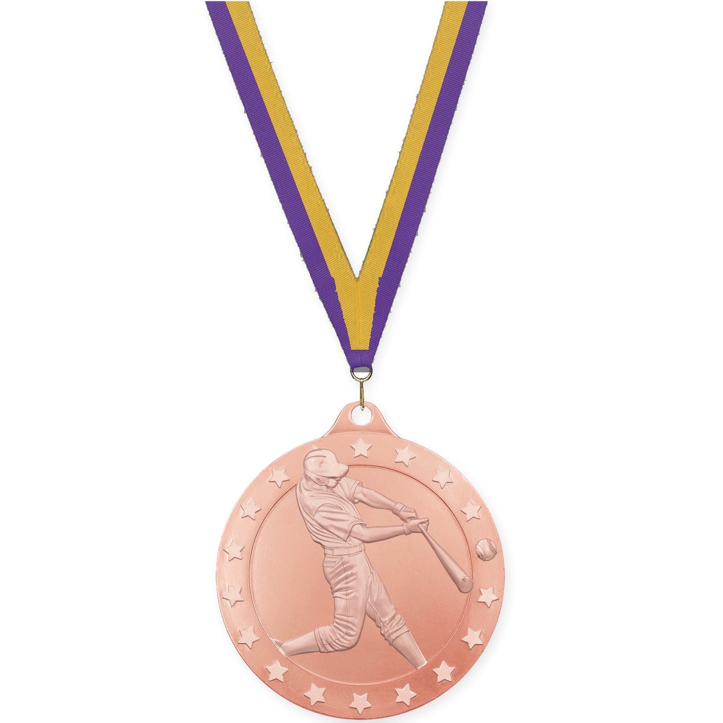 2 3/4 inch baseball Radiance medal in bronze with Purple Gold neck ribbon