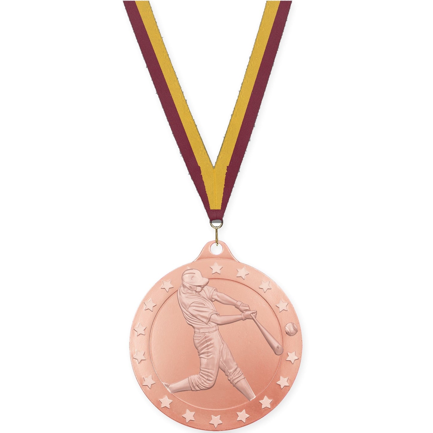 2 3/4 inch baseball Radiance medal in bronze with Maroon Gold neck ribbon