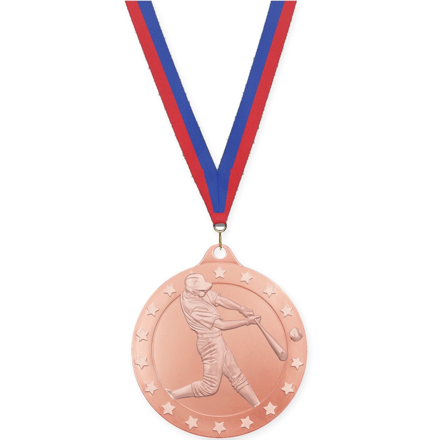 2 3/4 inch baseball Radiance medal in bronze with Blue Red neck ribbon