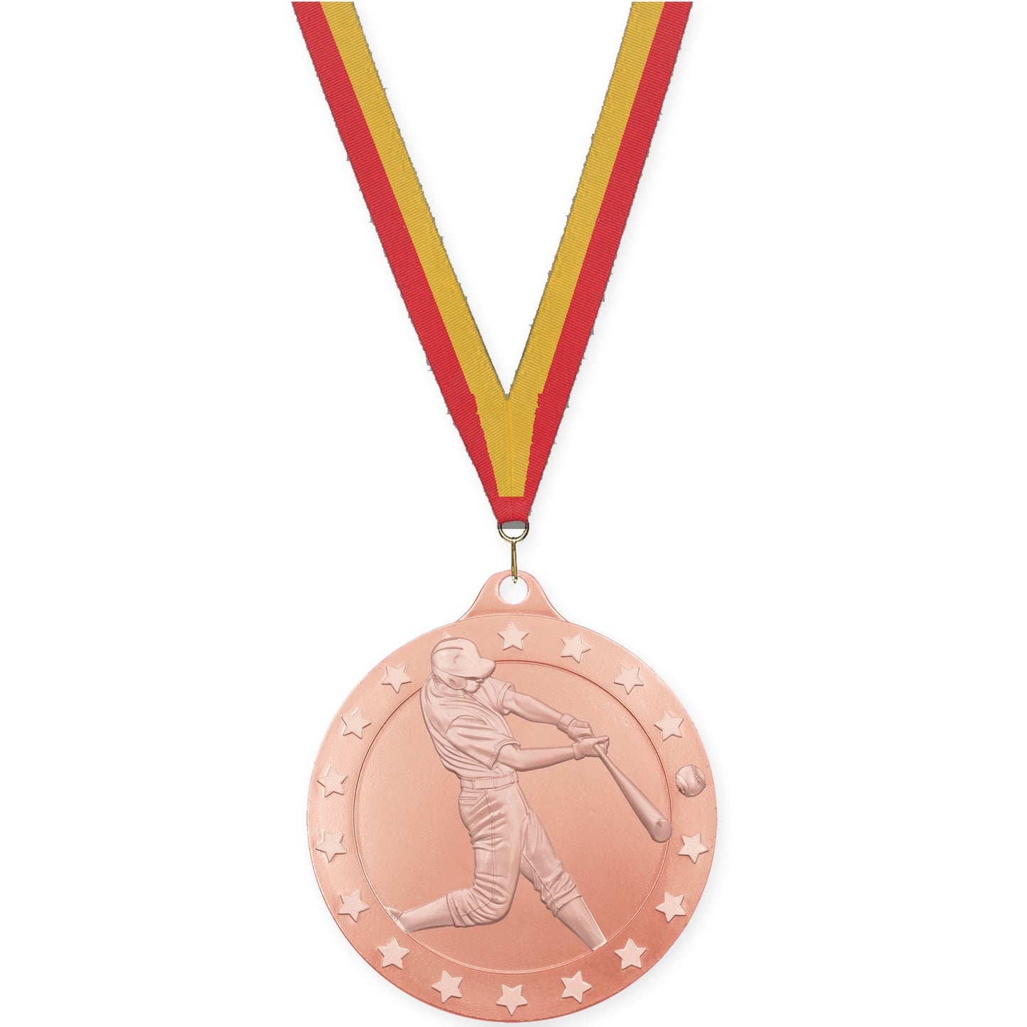 2 3/4 inch baseball Radiance medal in bronze with Red Gold neck ribbon