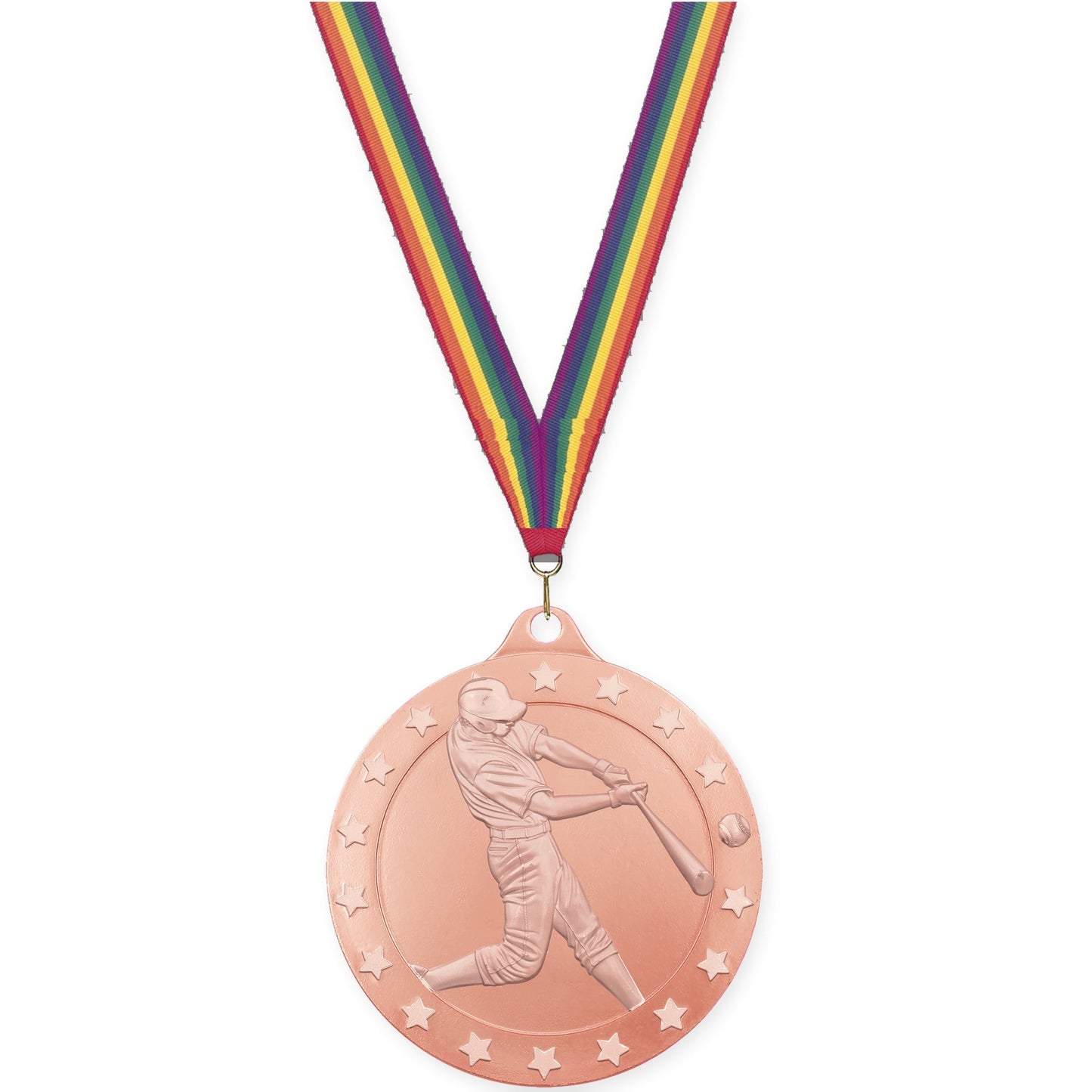 2 3/4 inch baseball Radiance medal in bronze with Rainbow neck ribbon
