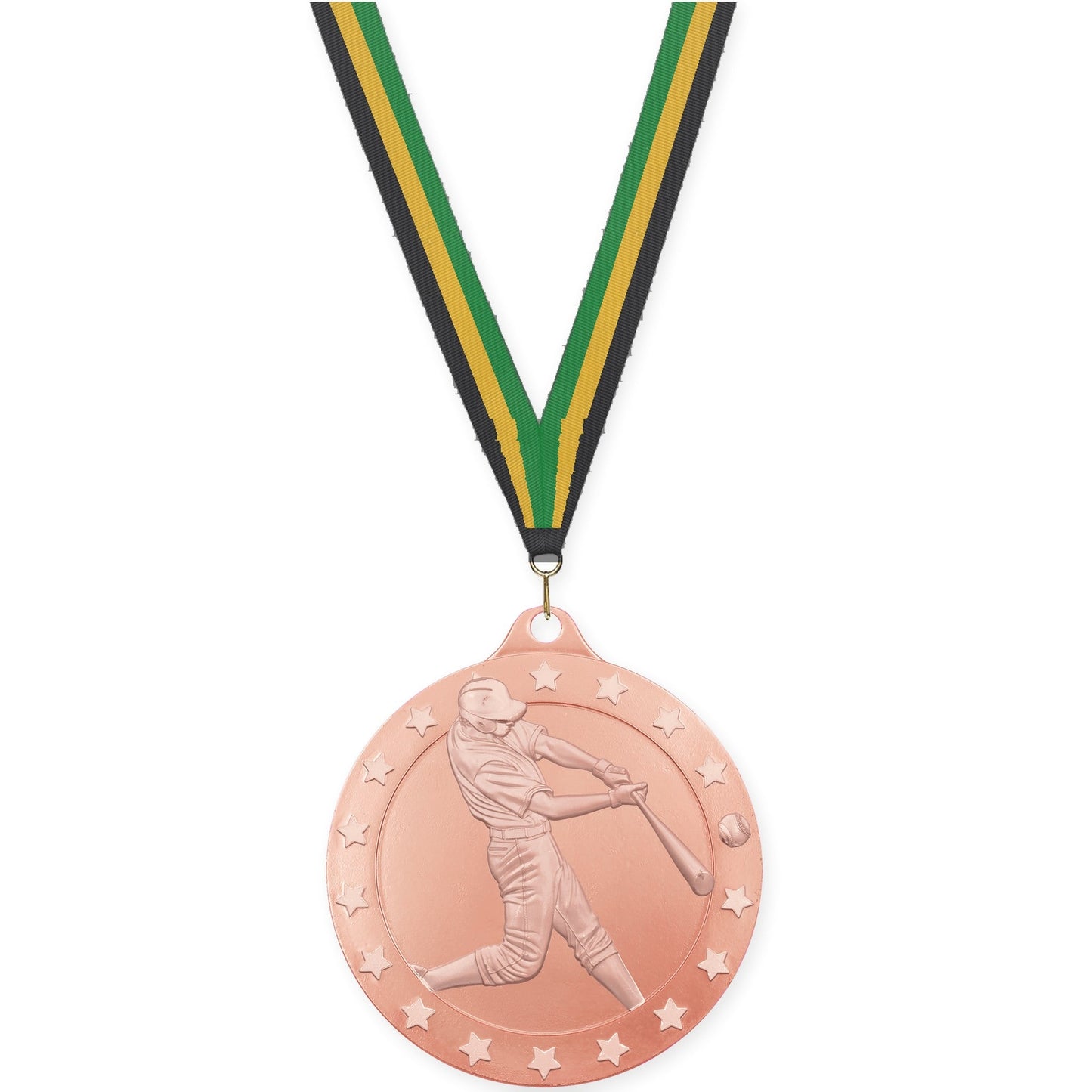 2 3/4 inch baseball Radiance medal in bronze with Black Gold Green neck ribbon