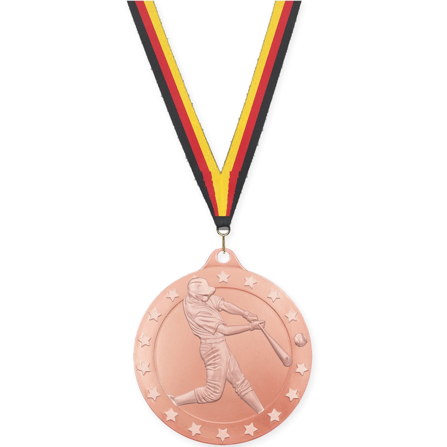 2 3/4 inch baseball Radiance medal in bronze with Black Red Yellow neck ribbon
