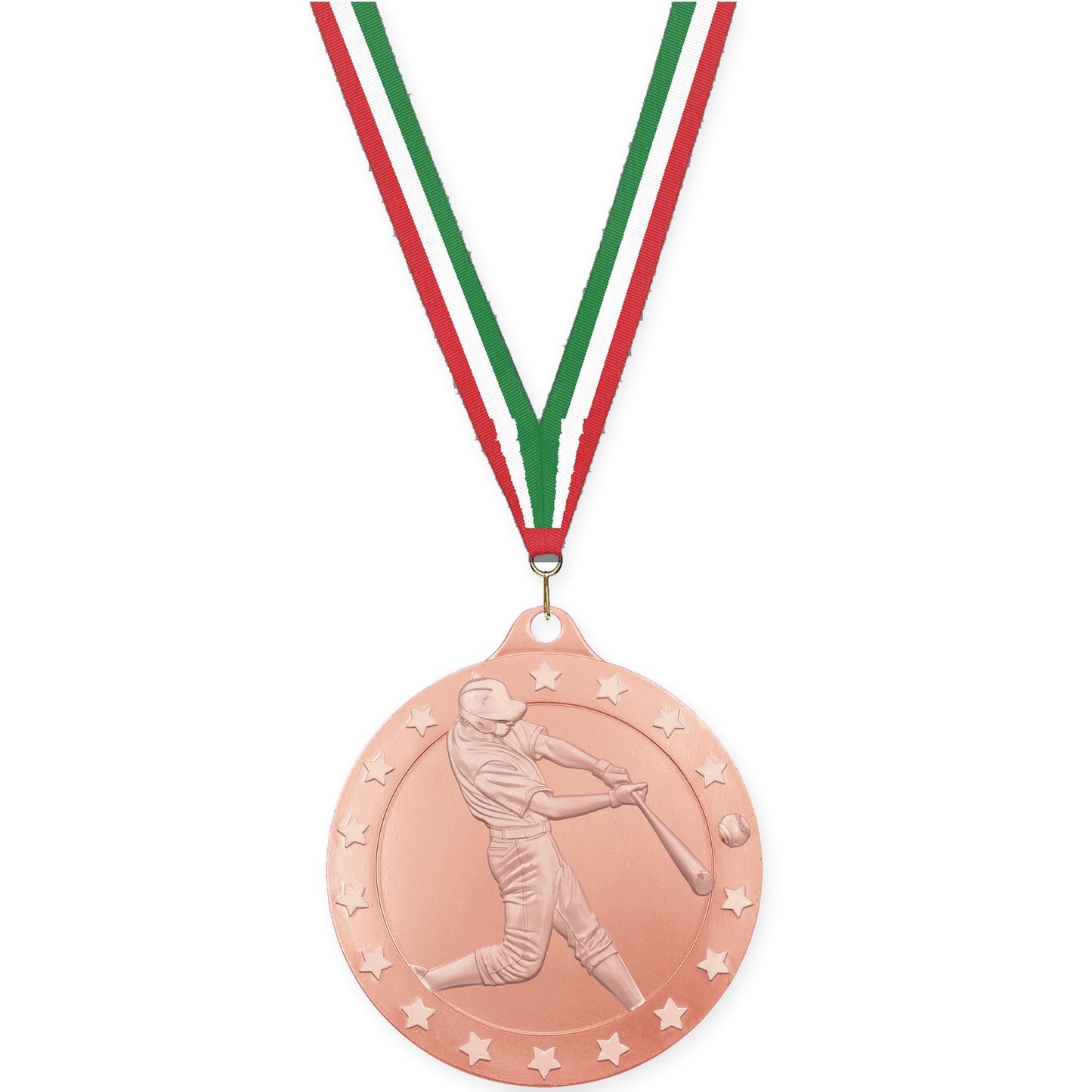 2 3/4 inch baseball Radiance medal in bronze with Red White Green neck ribbon
