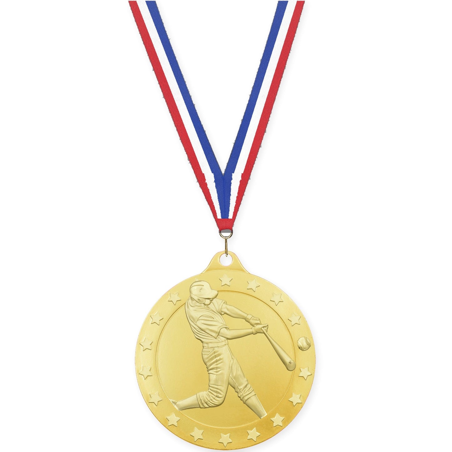 2 3/4 inch baseball Radiance medal in gold with Red White Blue neck ribbon