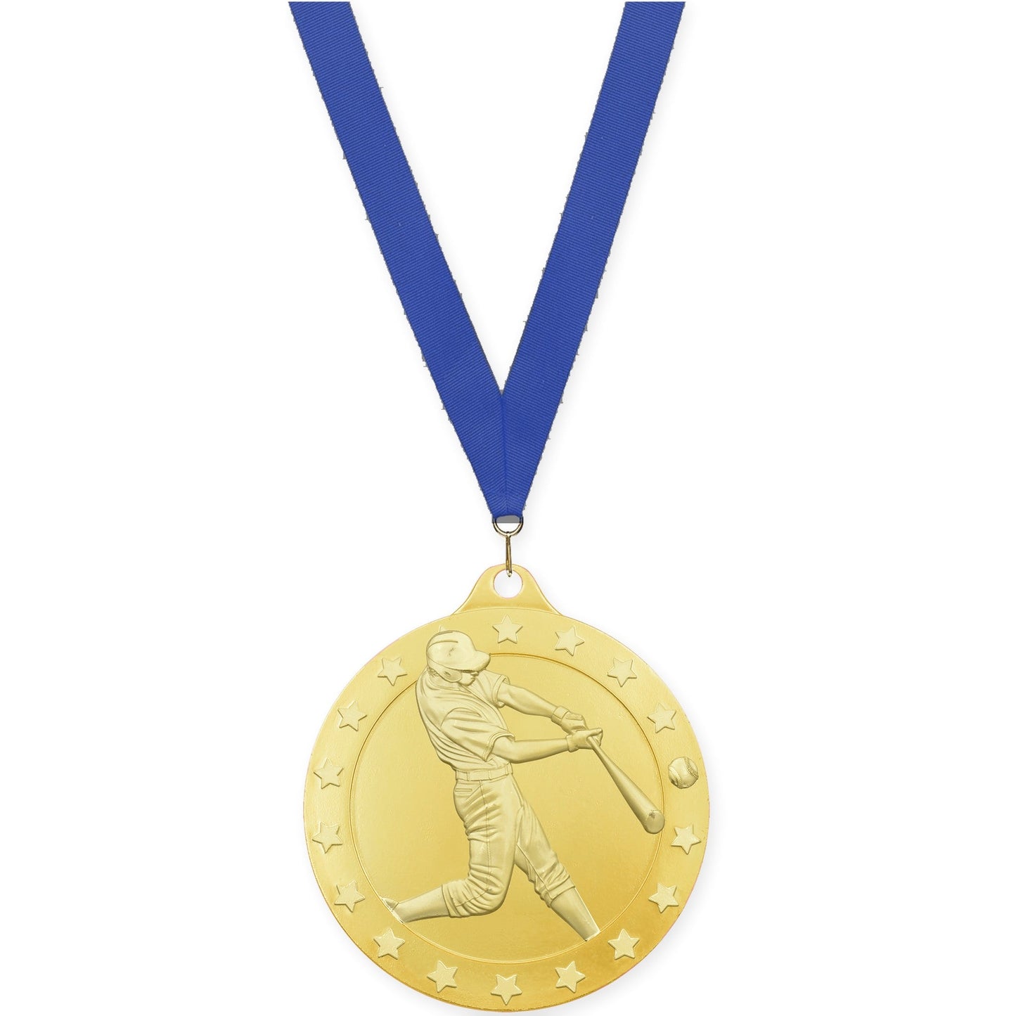 2 3/4 inch baseball Radiance medal in gold with Blue neck ribbon
