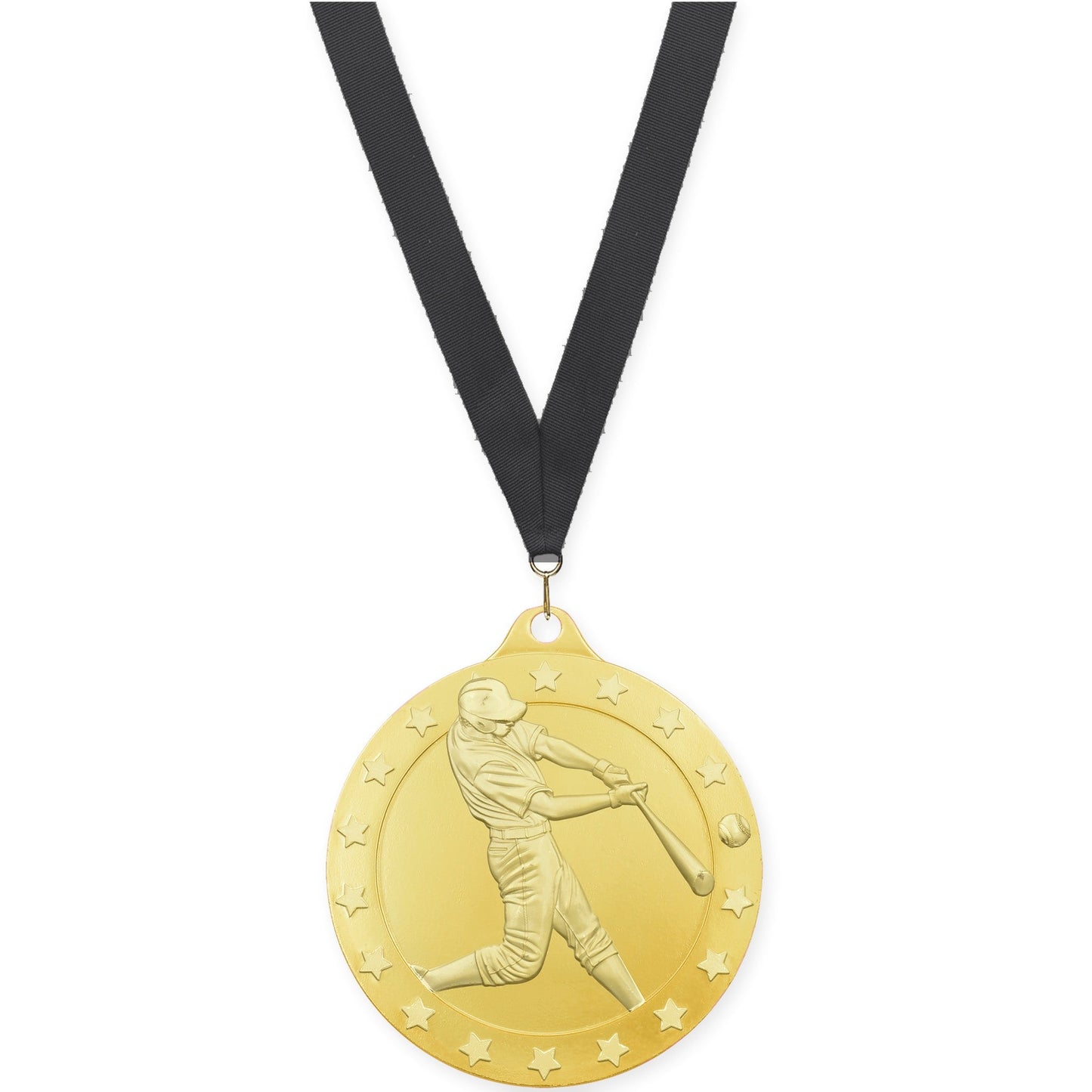 2 3/4 inch baseball Radiance medal in gold with Black neck ribbon