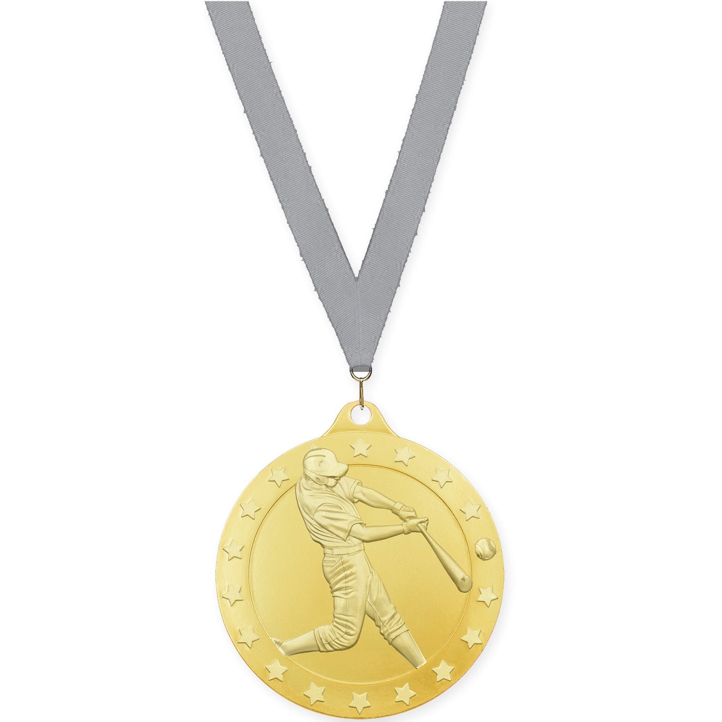 2 3/4 inch baseball Radiance medal in gold with Gray neck ribbon
