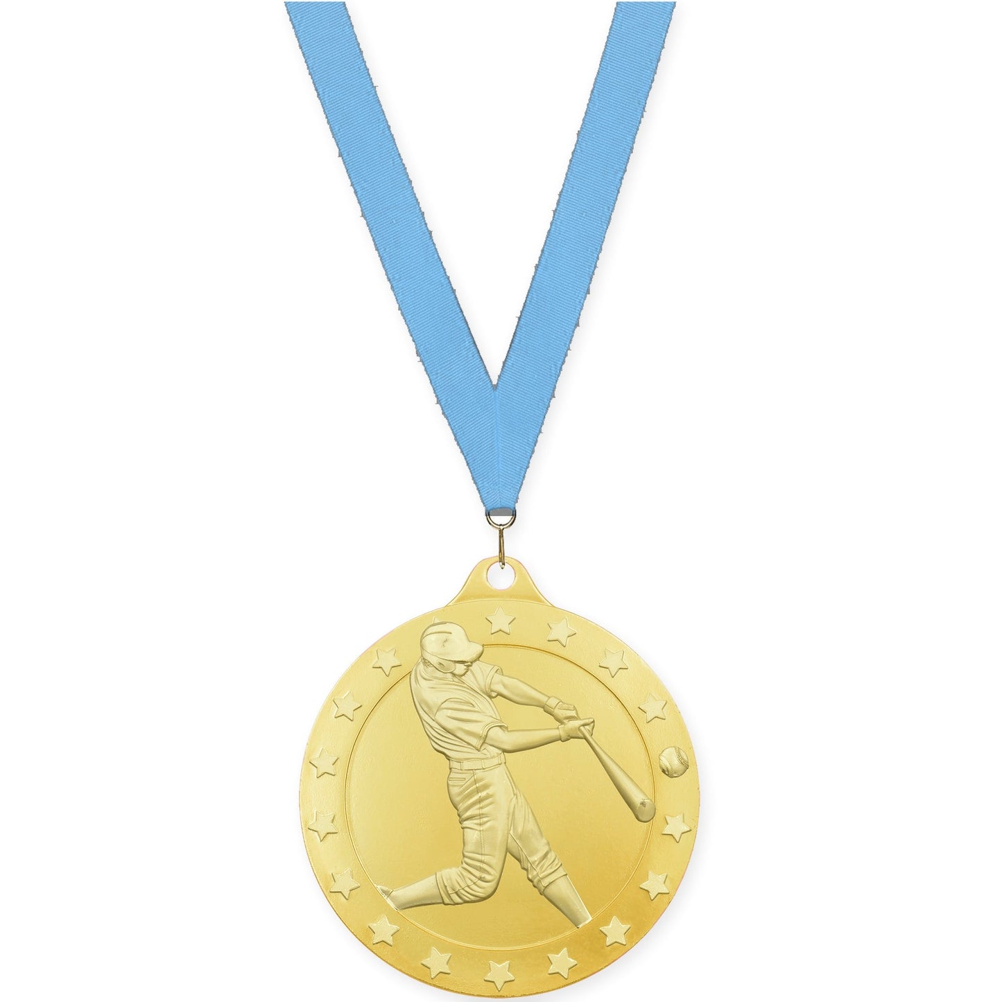 2 3/4 inch baseball Radiance medal in gold with Light Blue neck ribbon