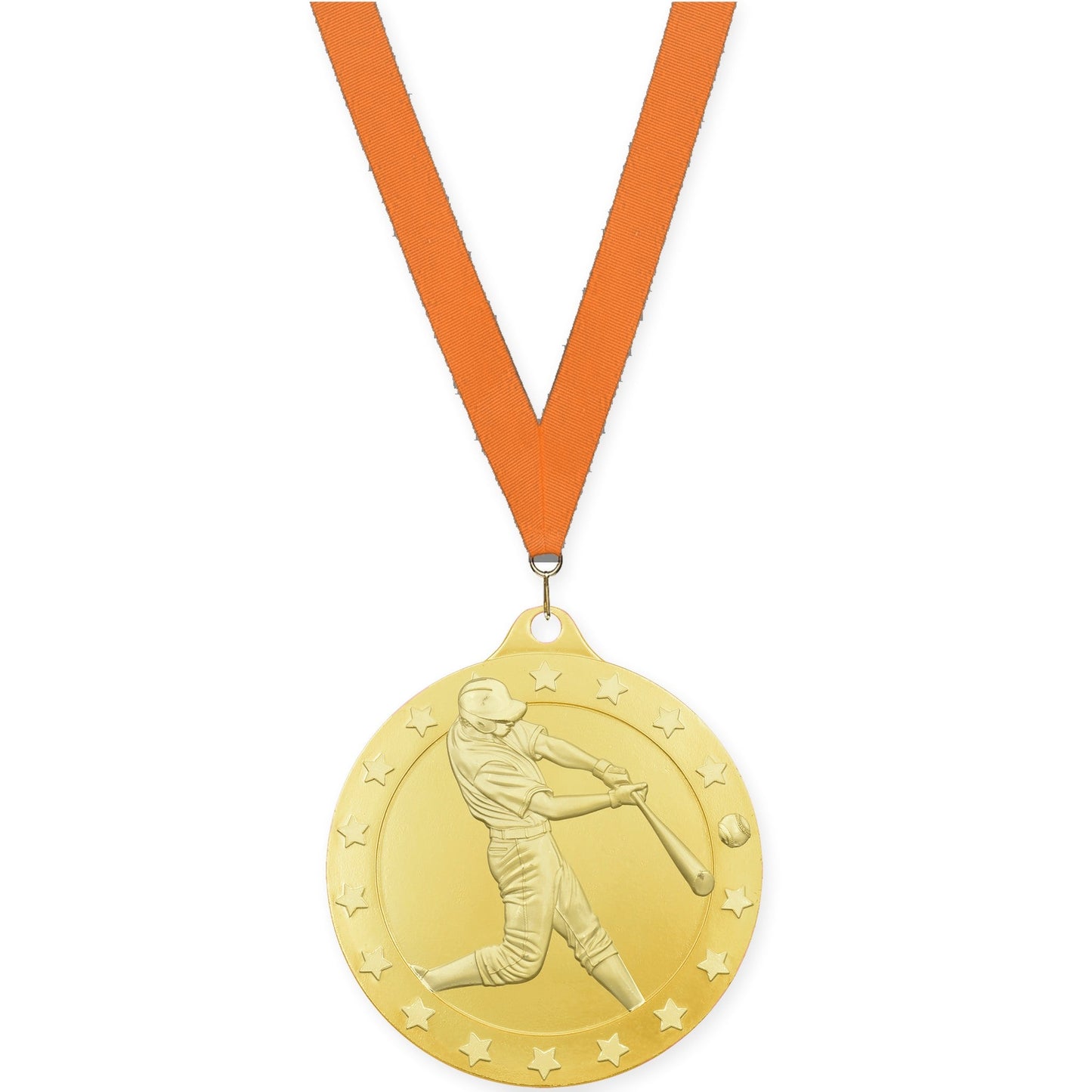 2 3/4 inch baseball Radiance medal in gold with Orange neck ribbon