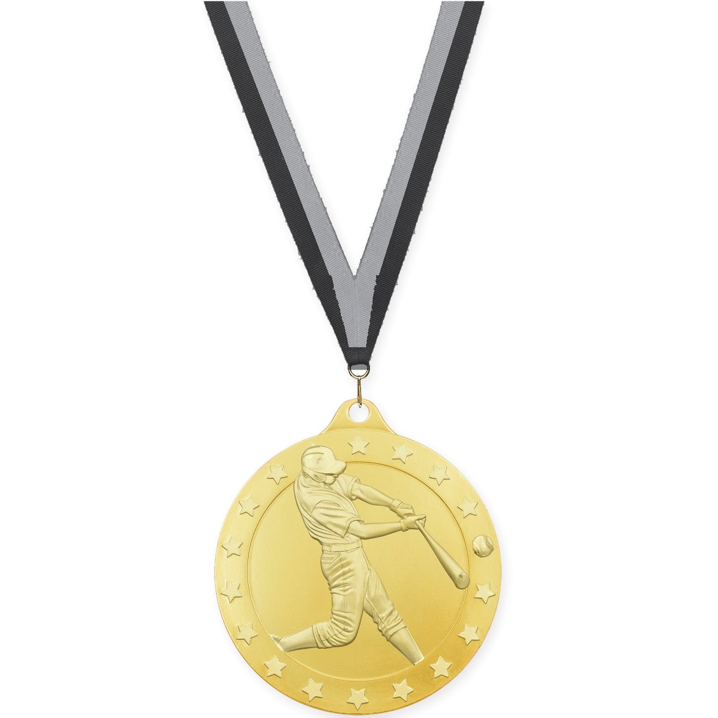 2 3/4 inch baseball Radiance medal in gold with Black Gray neck ribbon