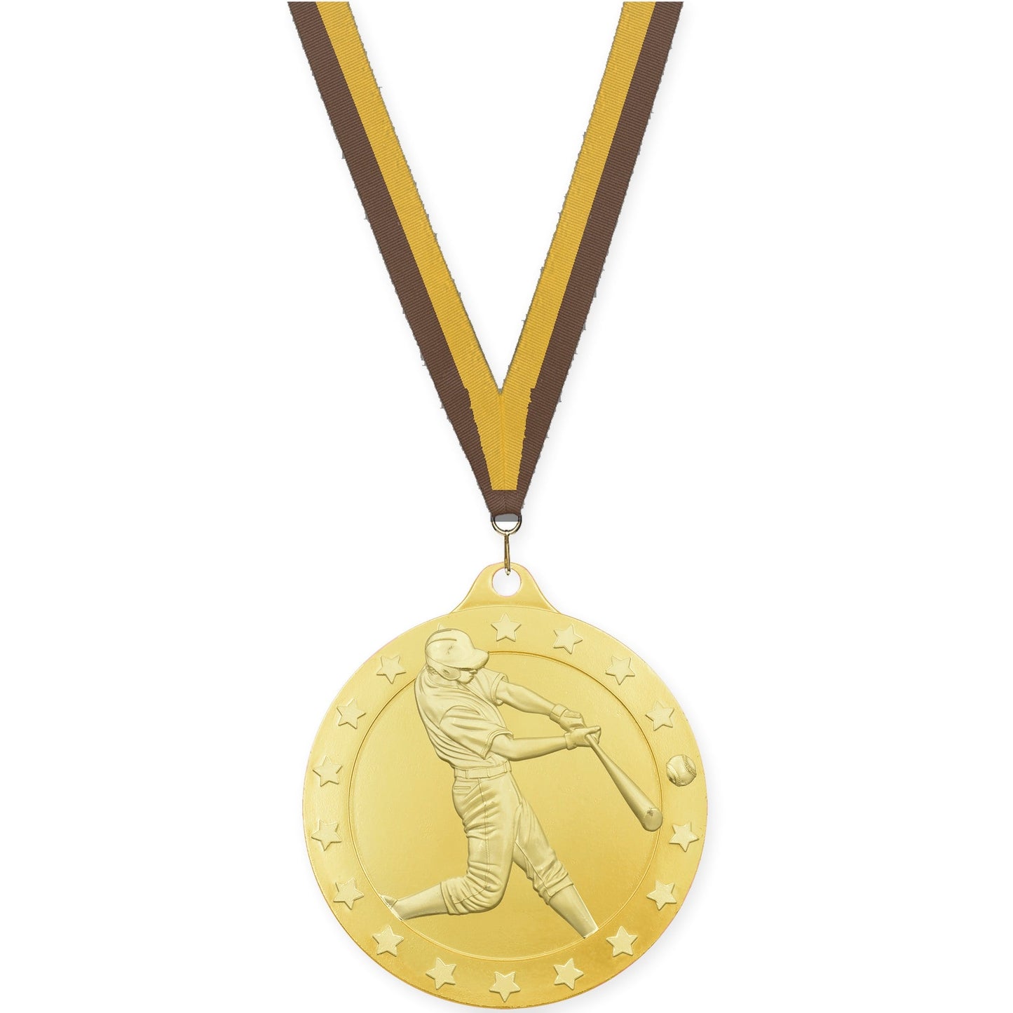 2 3/4 inch baseball Radiance medal in gold with Brown Gold neck ribbon