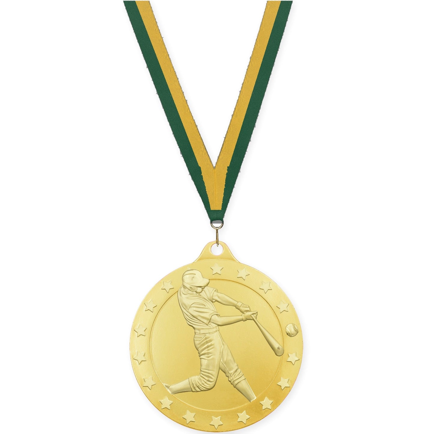 2 3/4 inch baseball Radiance medal in gold with Hunter Green Gold neck ribbon