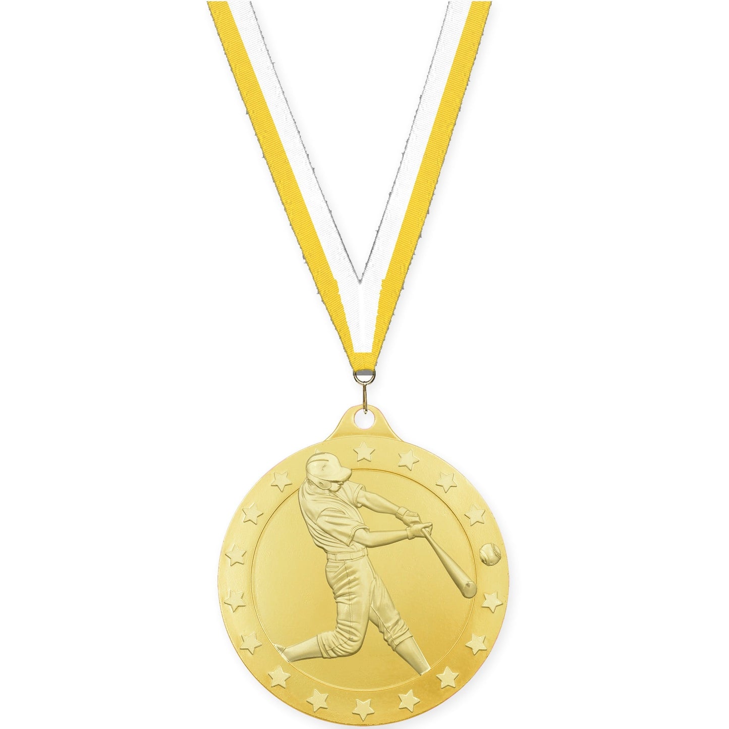 2 3/4 inch baseball Radiance medal in gold with Yellow White neck ribbon