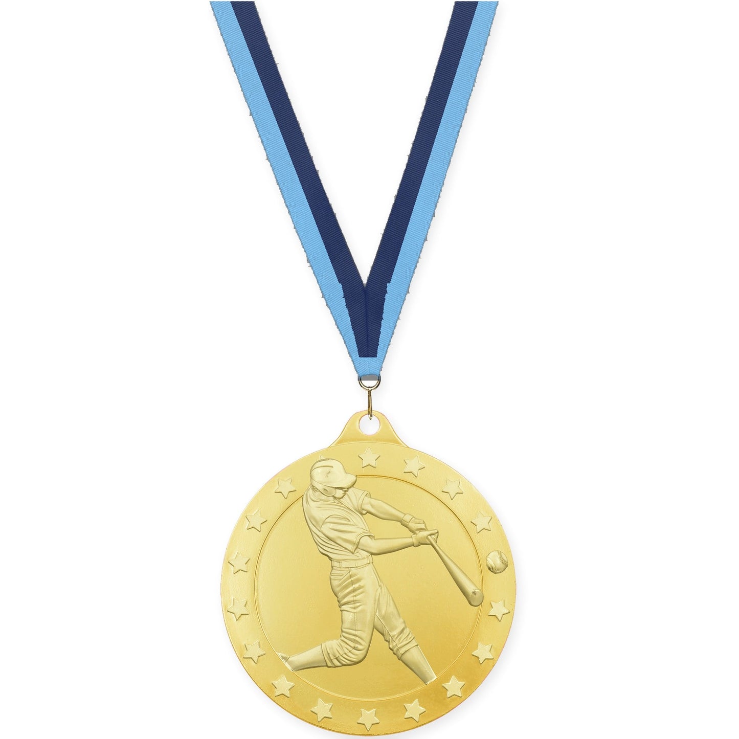 2 3/4 inch baseball Radiance medal in gold with Light Blue Navy neck ribbon
