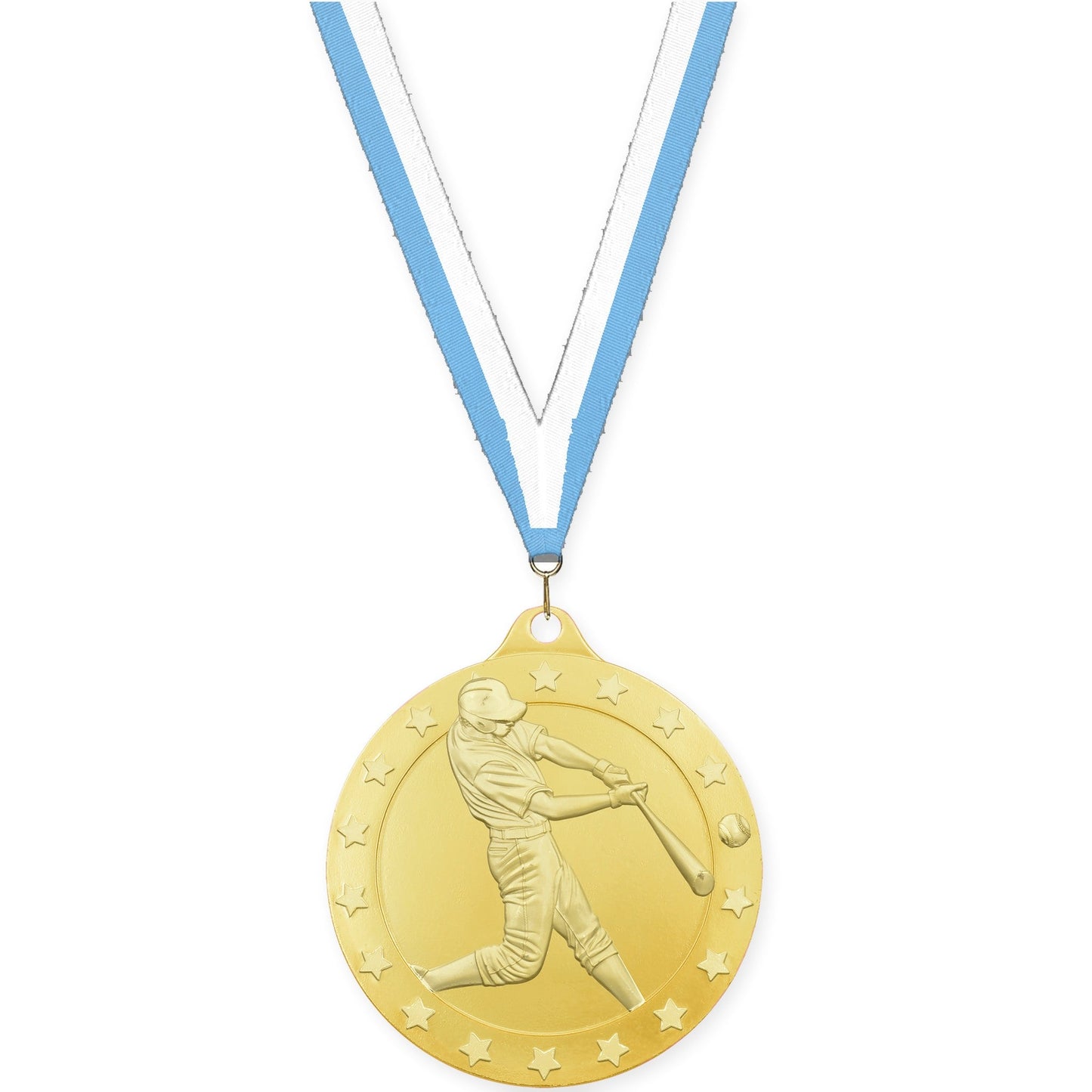 2 3/4 inch baseball Radiance medal in gold with Light Blue White neck ribbon