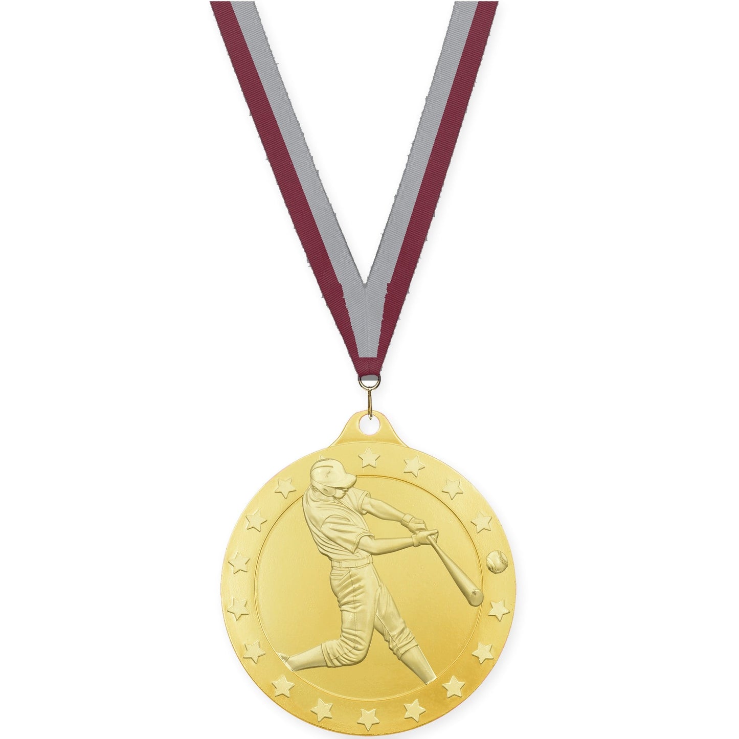 2 3/4 inch baseball Radiance medal in gold with Maroon Gray neck ribbon