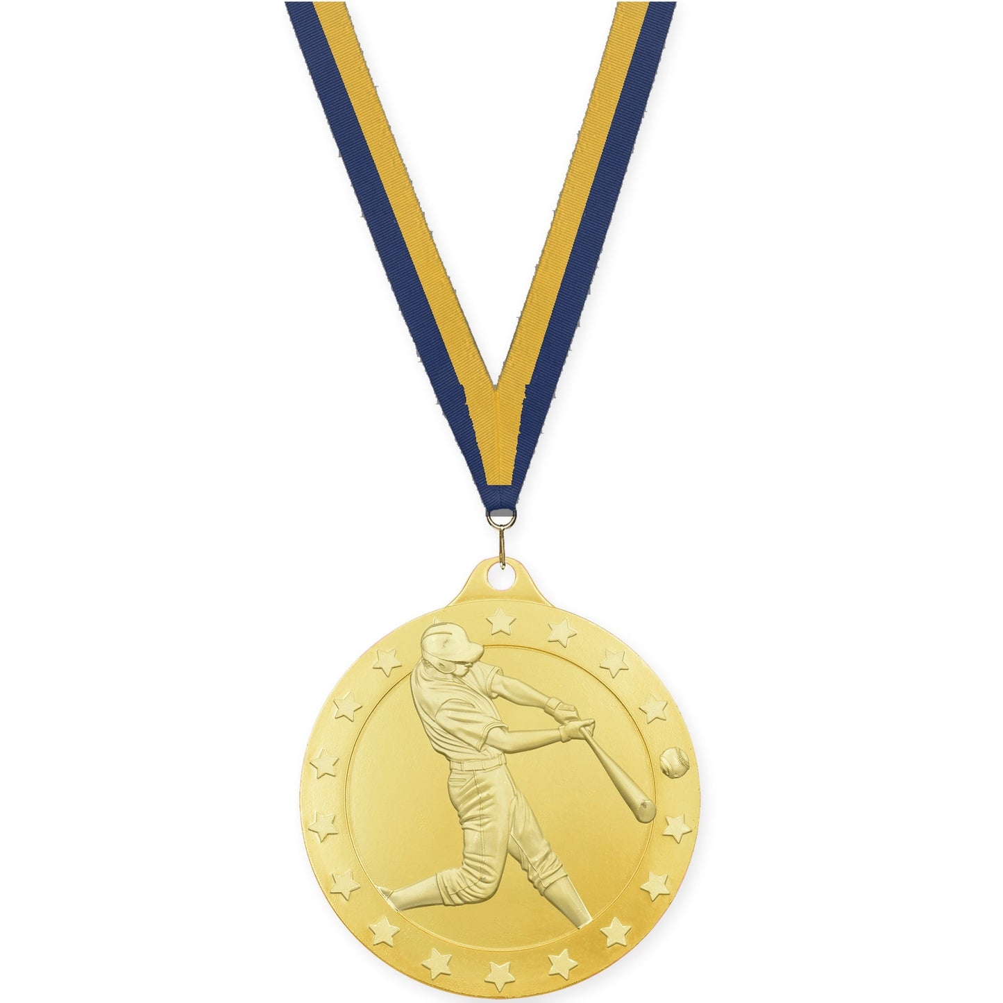 2 3/4 inch baseball Radiance medal in gold with Navy Gold neck ribbon