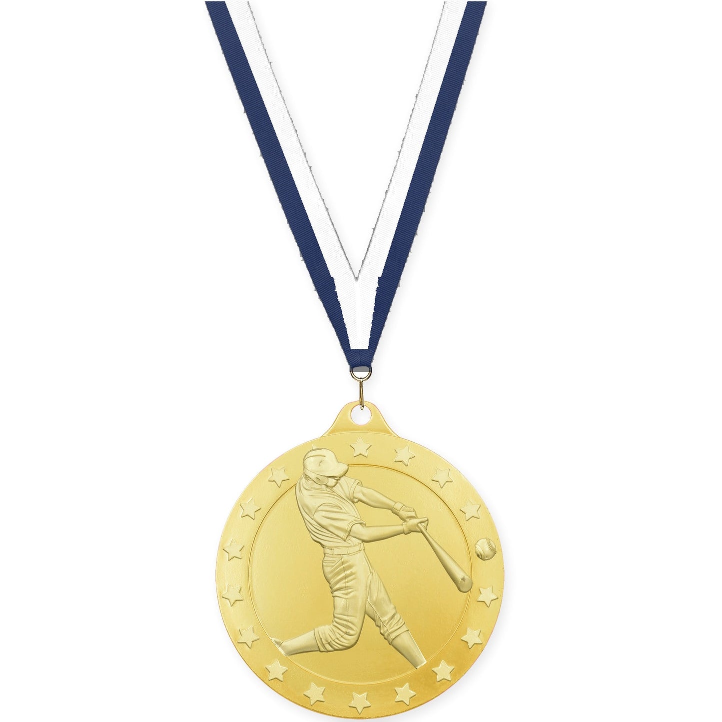 2 3/4 inch baseball Radiance medal in gold with Navy White neck ribbon