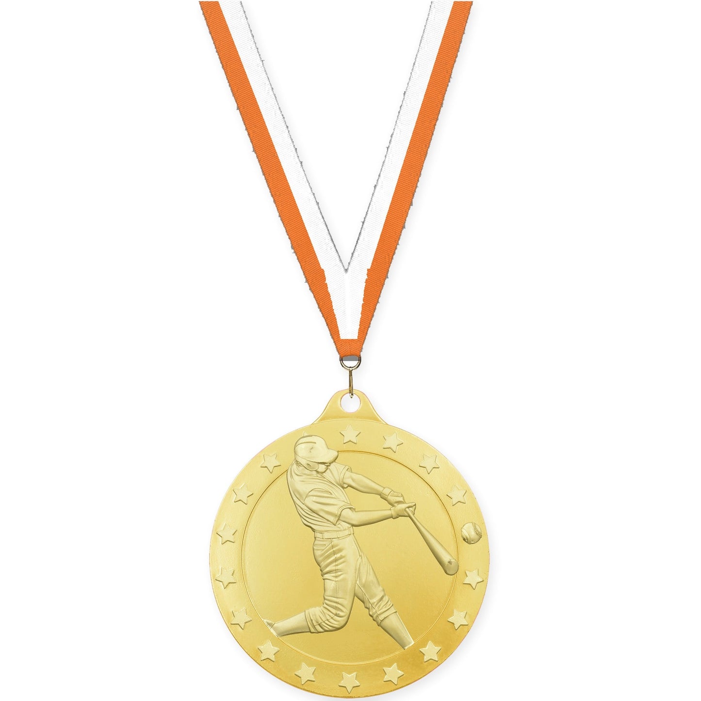 2 3/4 inch baseball Radiance medal in gold with Orange White neck ribbon