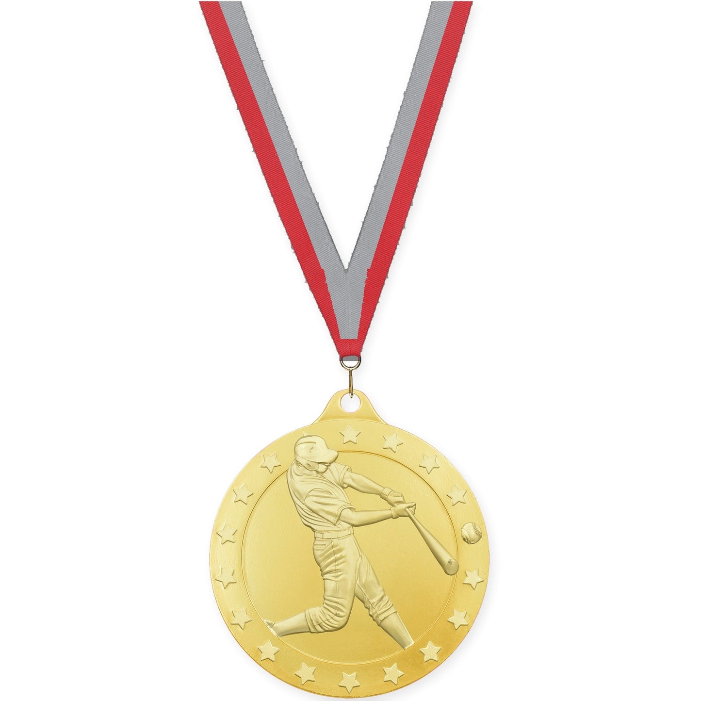 2 3/4 inch baseball Radiance medal in gold with Red Gray neck ribbon
