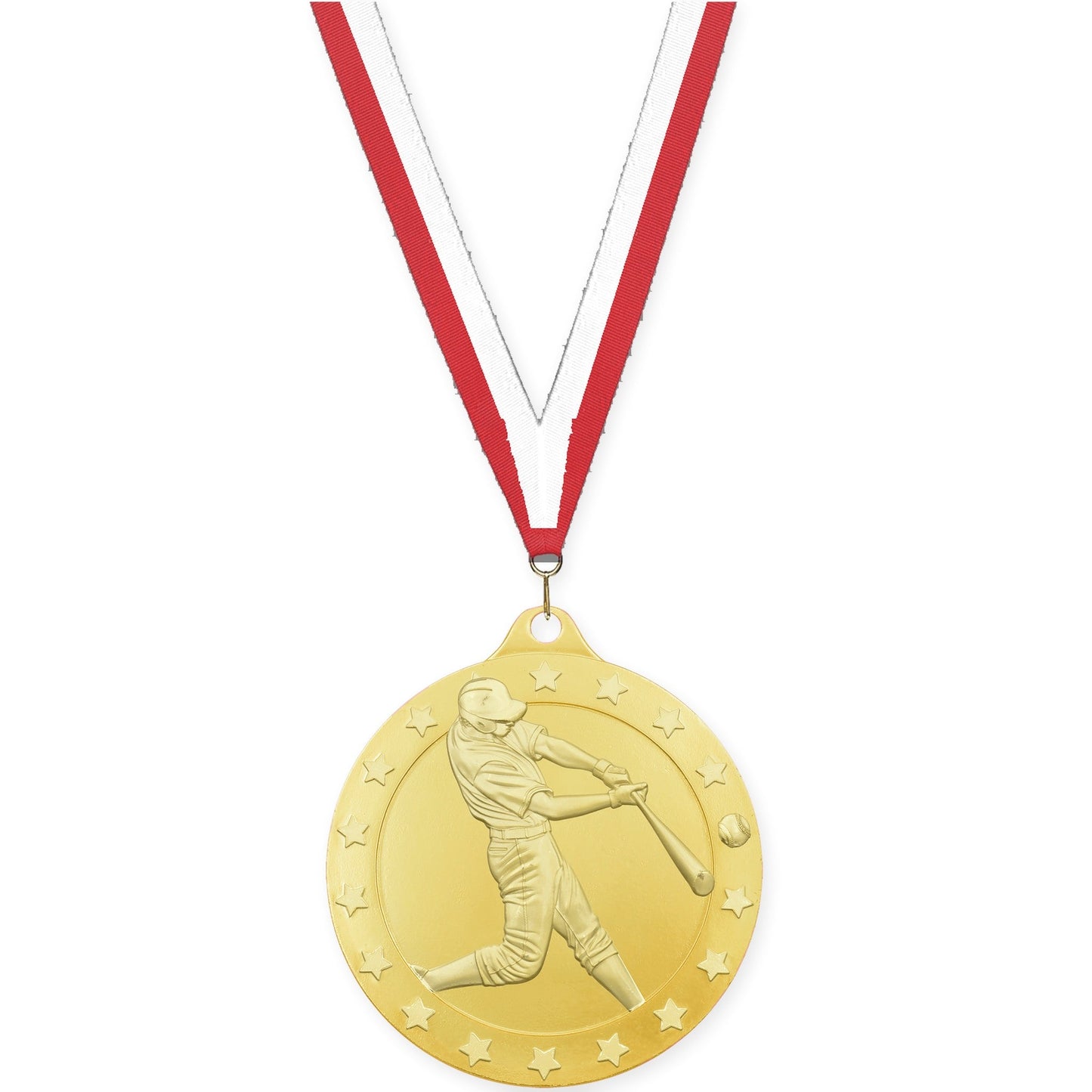 2 3/4 inch baseball Radiance medal in gold with Red White neck ribbon