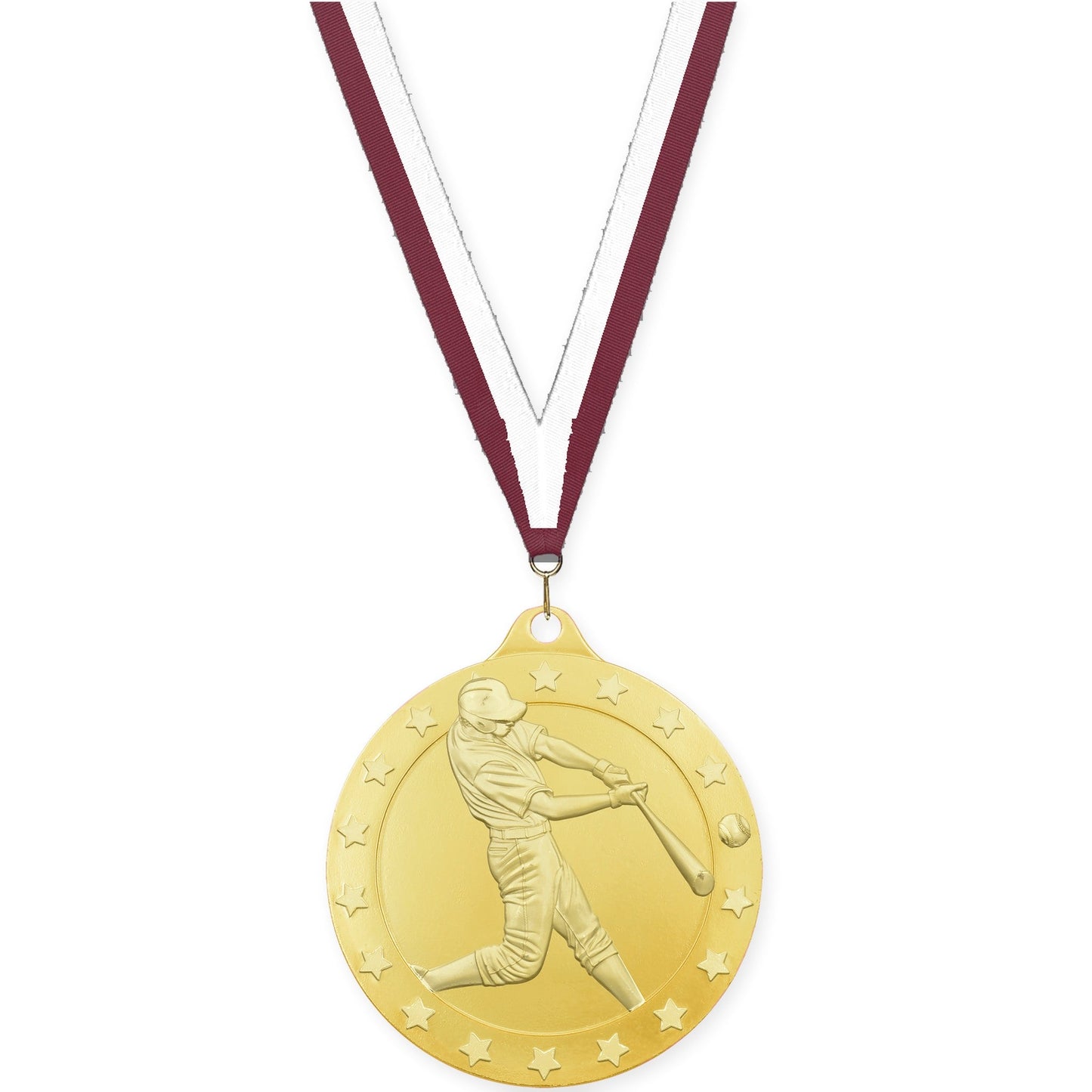 2 3/4 inch baseball Radiance medal in gold with Maroon White neck ribbon