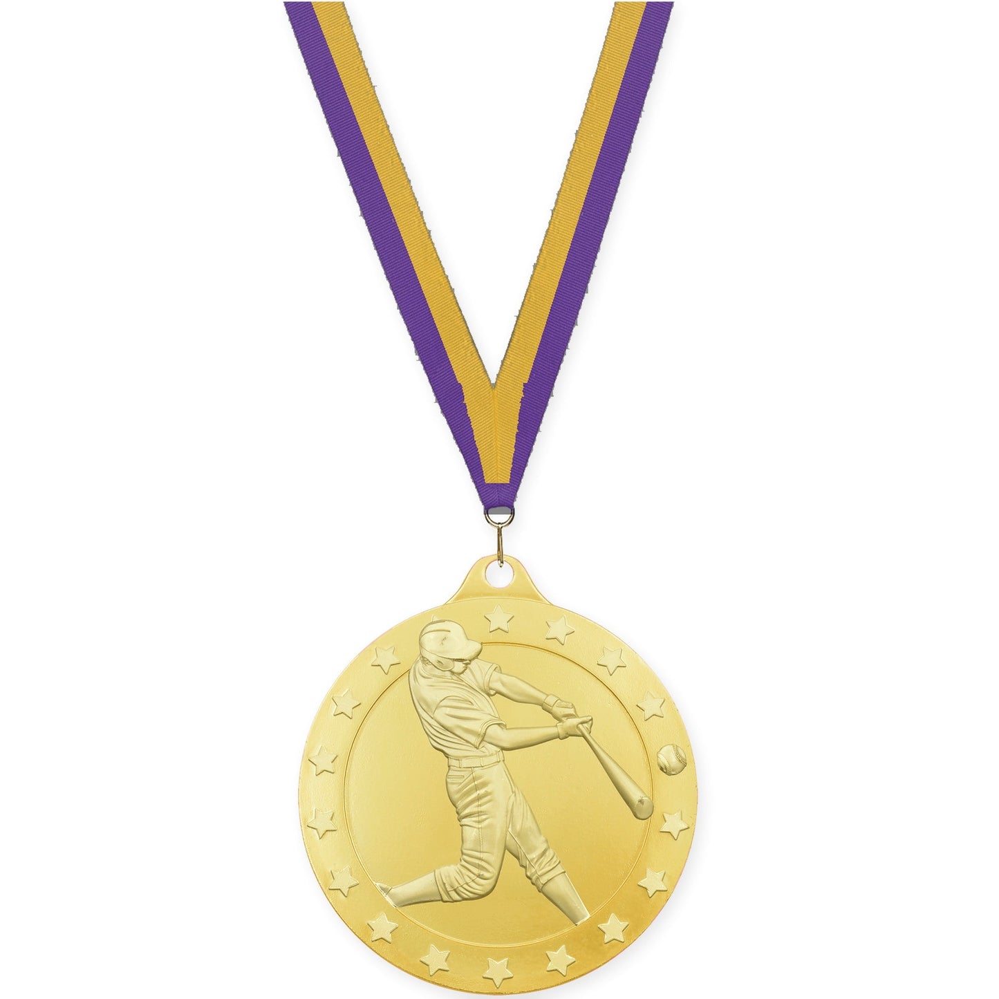 2 3/4 inch baseball Radiance medal in gold with Purple Gold neck ribbon