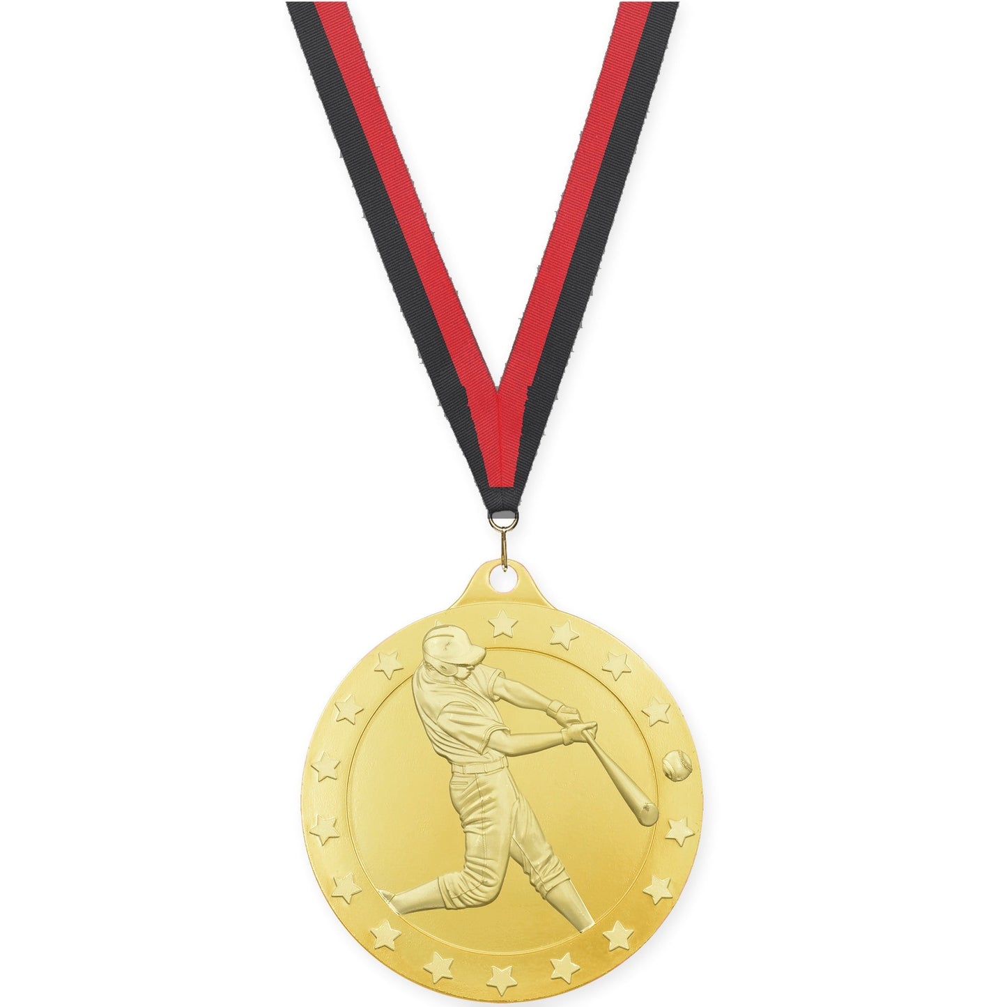 2 3/4 inch baseball Radiance medal in gold with Black Red neck ribbon