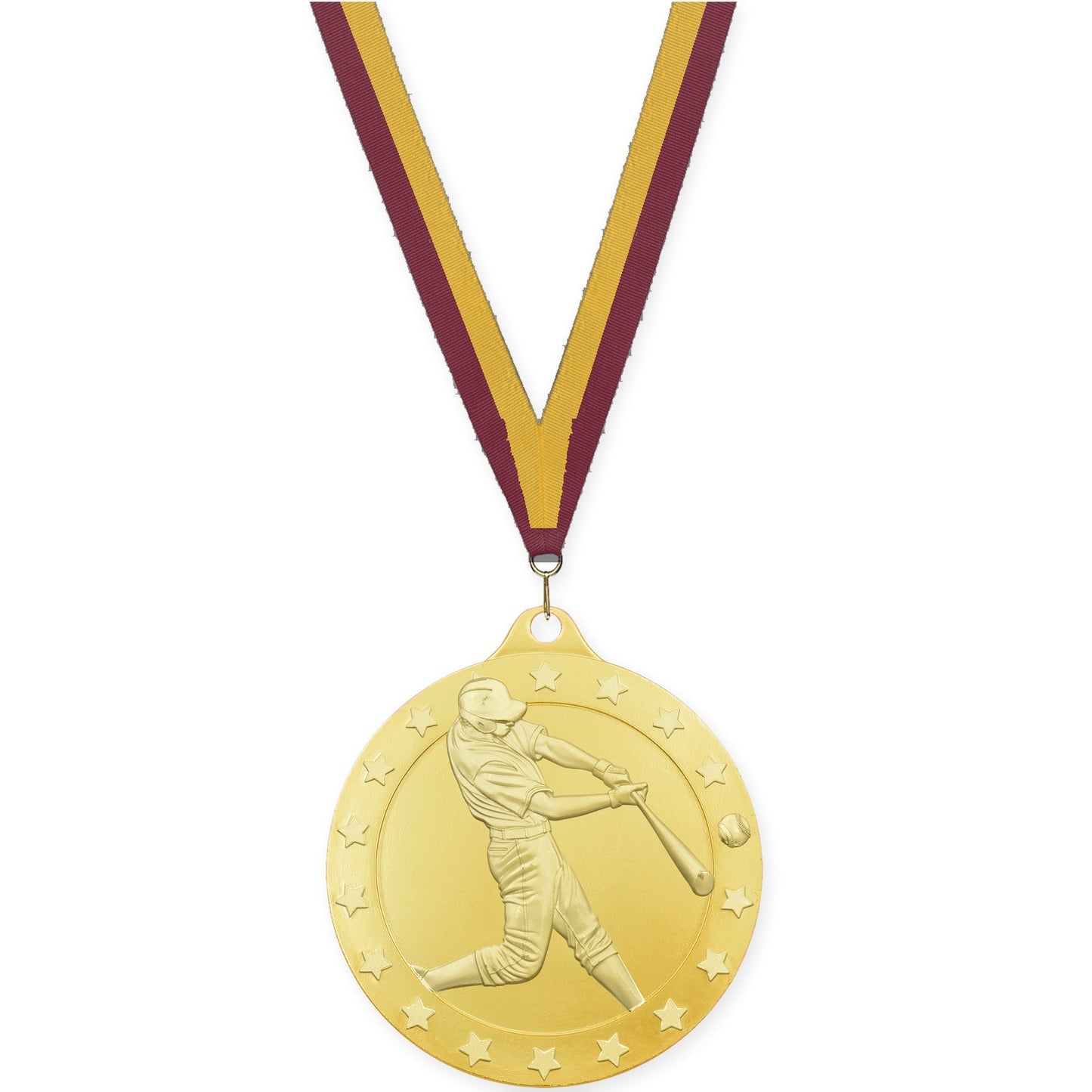 2 3/4 inch baseball Radiance medal in gold with Maroon Gold neck ribbon