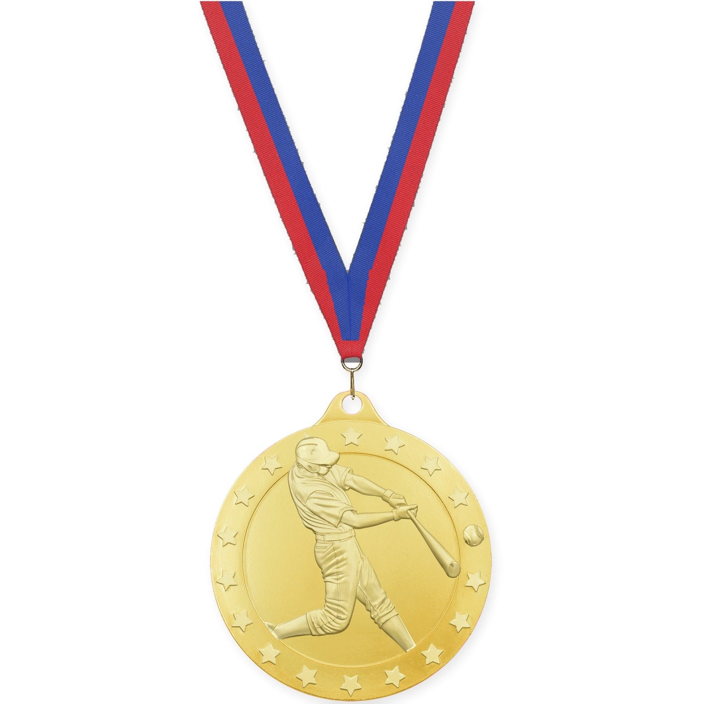 2 3/4 inch baseball Radiance medal in gold with Blue Red neck ribbon