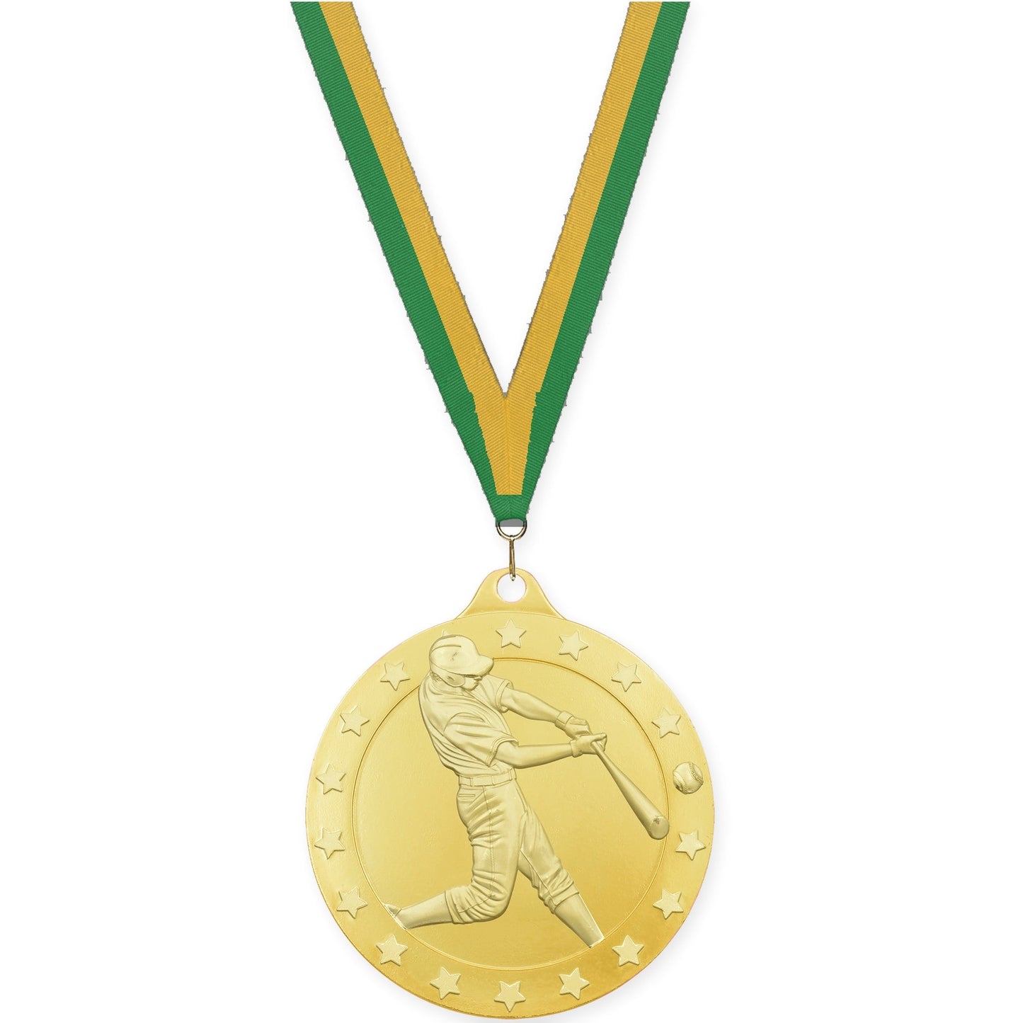 2 3/4 inch baseball Radiance medal in gold with Green Gold neck ribbon