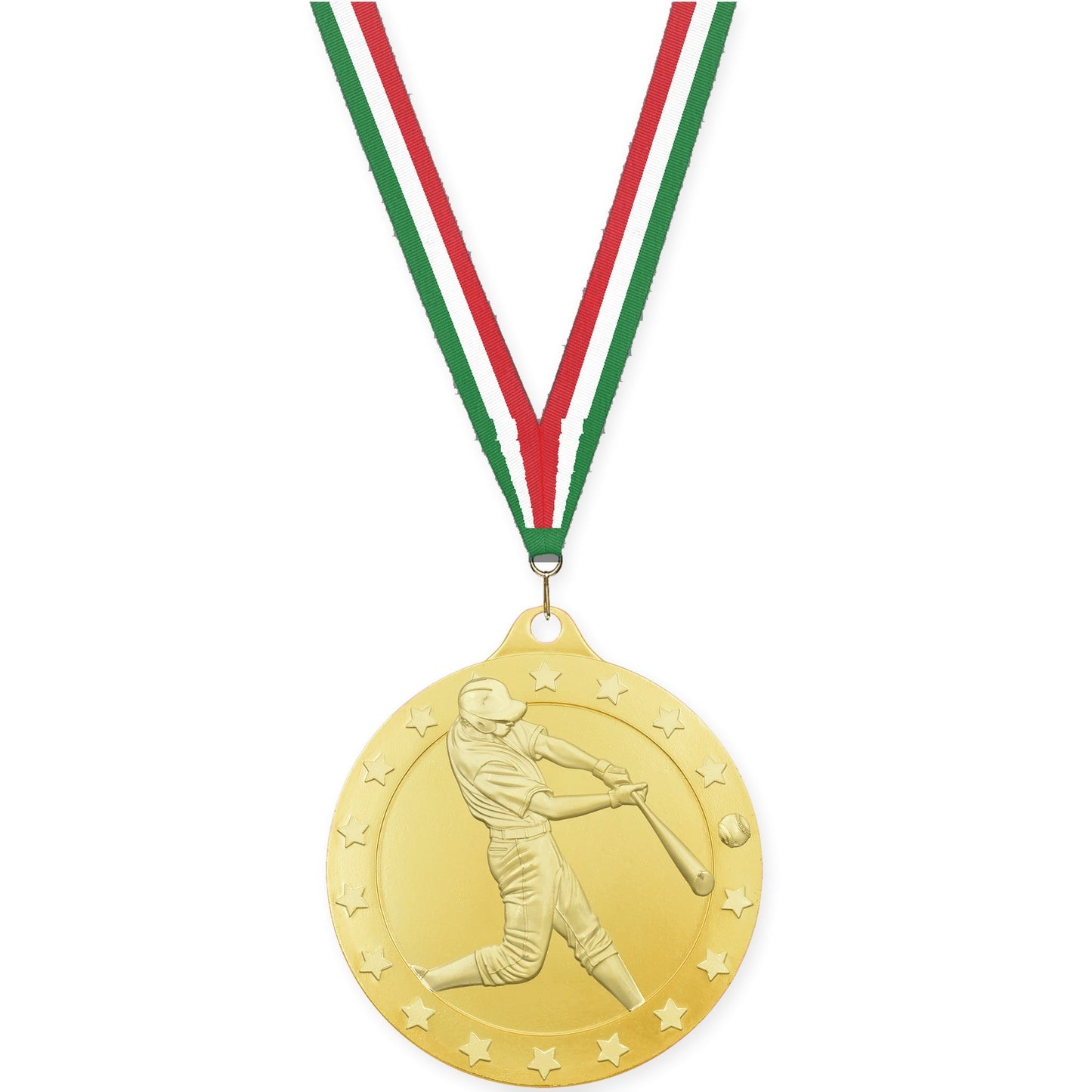 2 3/4 inch baseball Radiance medal in gold with Green White Red neck ribbon