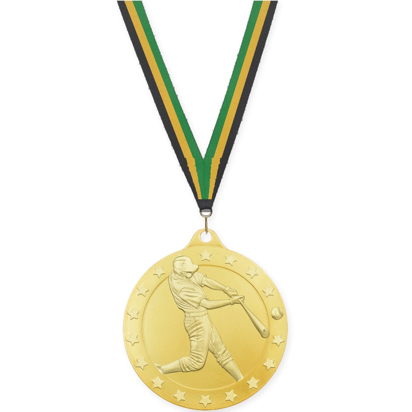 2 3/4 inch baseball Radiance medal in gold with Black Gold Green neck ribbon