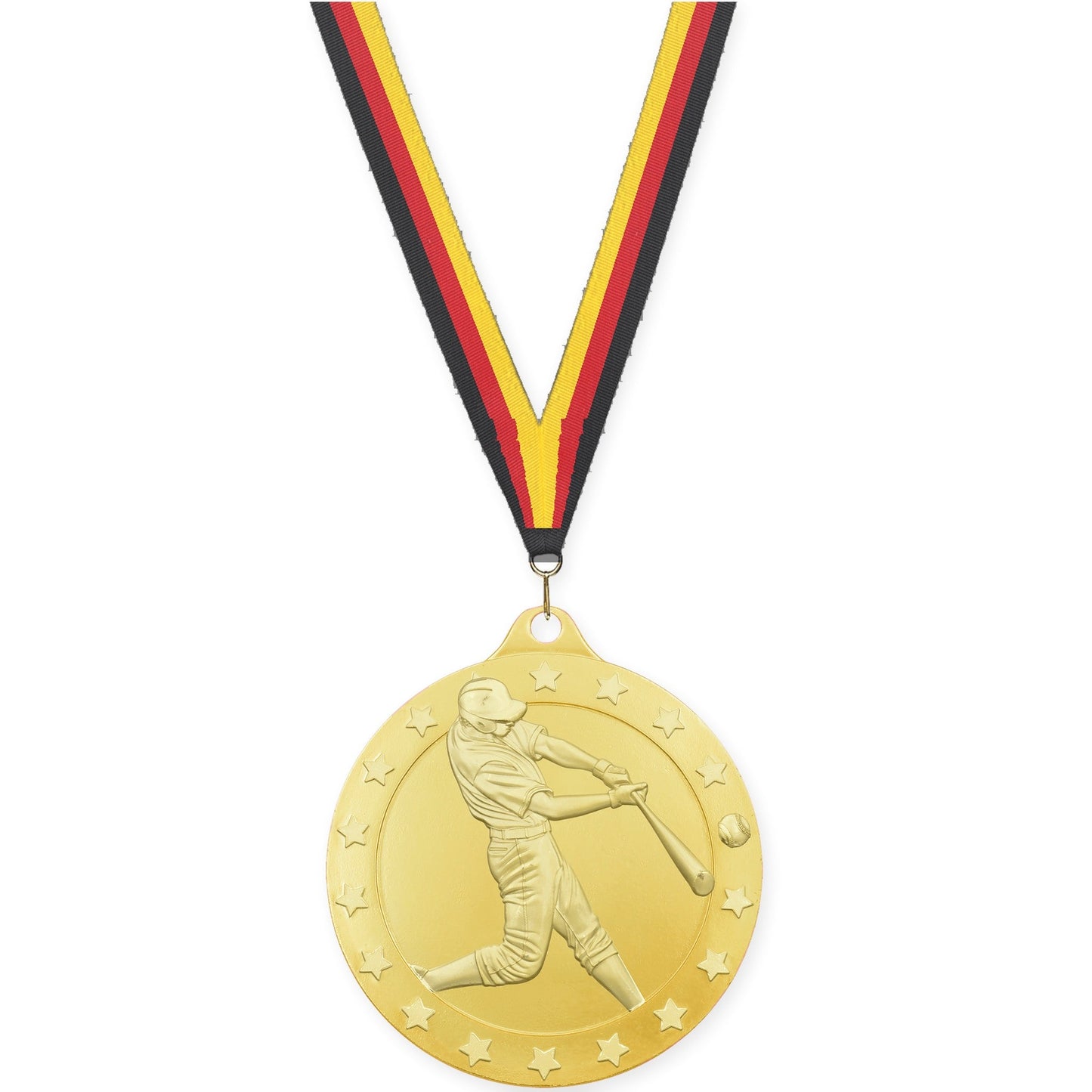 2 3/4 inch baseball Radiance medal in gold with Black Red Yellow neck ribbon