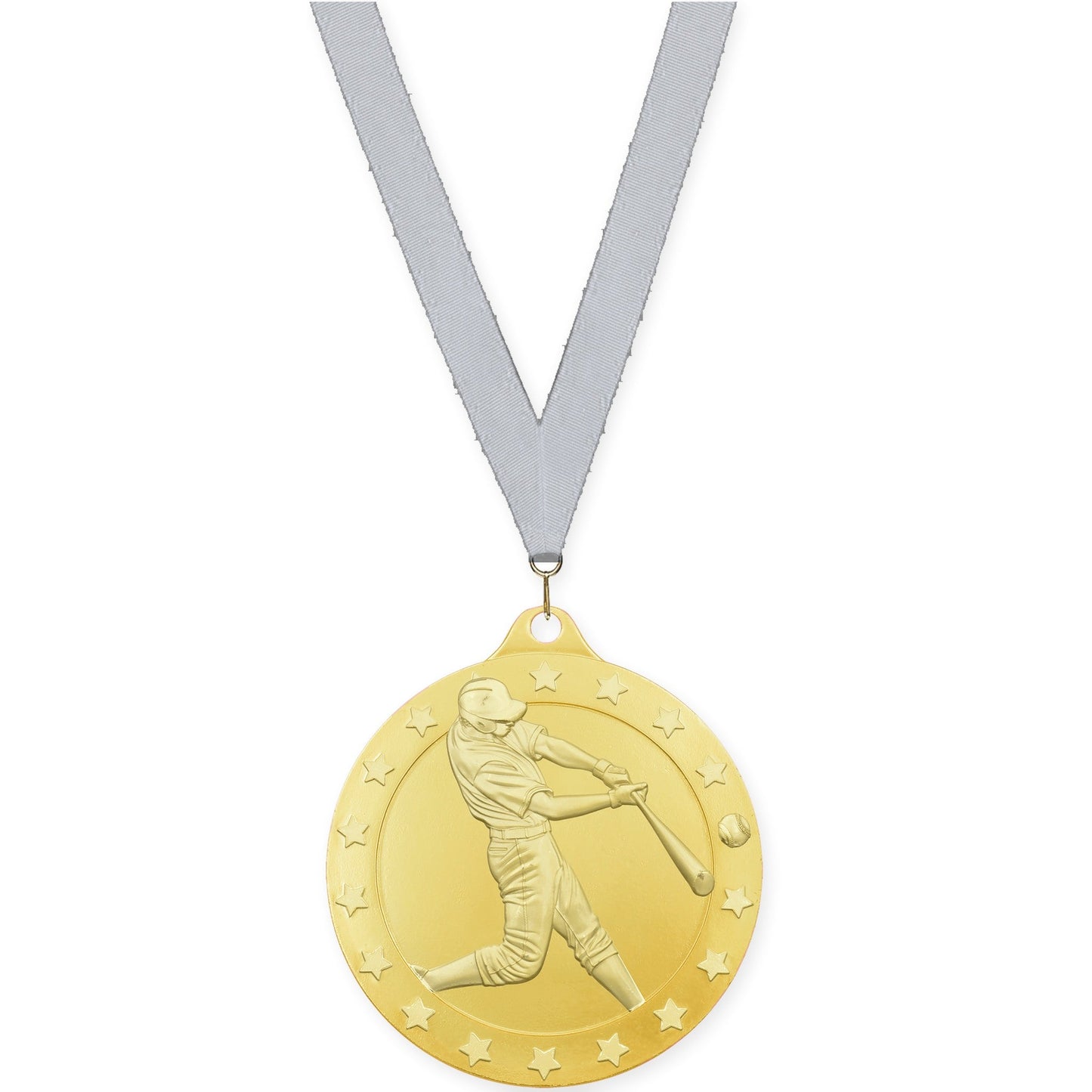 2 3/4 inch baseball Radiance medal in gold with Silver Metallic neck ribbon