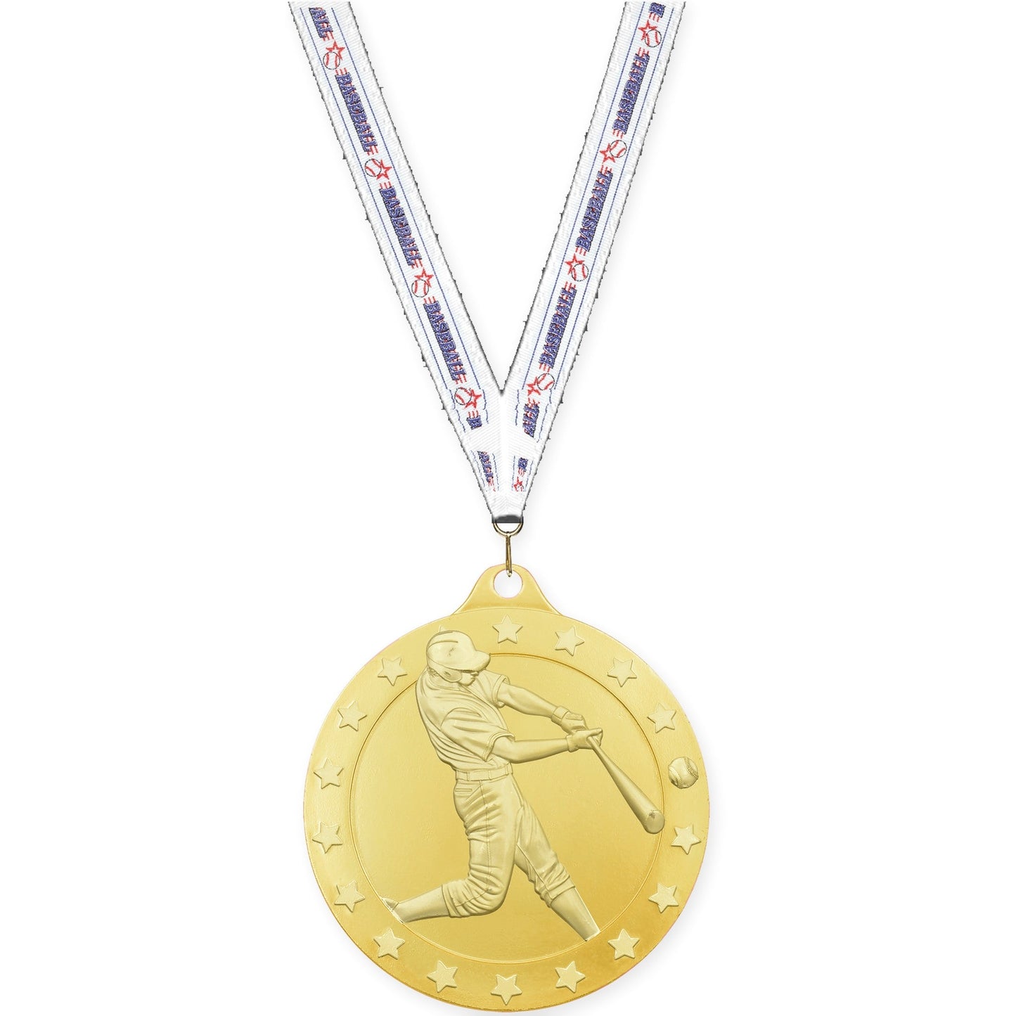 2 3/4 inch baseball Radiance medal in gold with Baseball neck ribbon