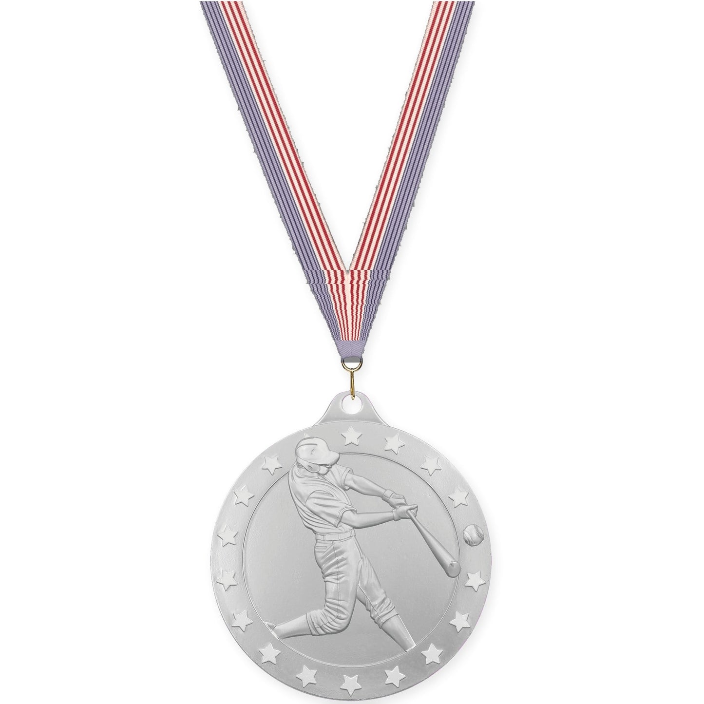2 3/4 inch baseball Radiance medal in silver with USA Flag neck ribbon